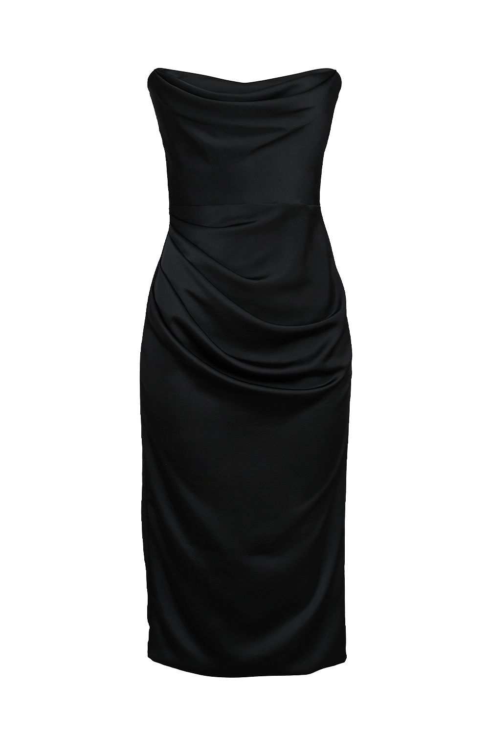 Santana Black Satin Strapless Midi Dress