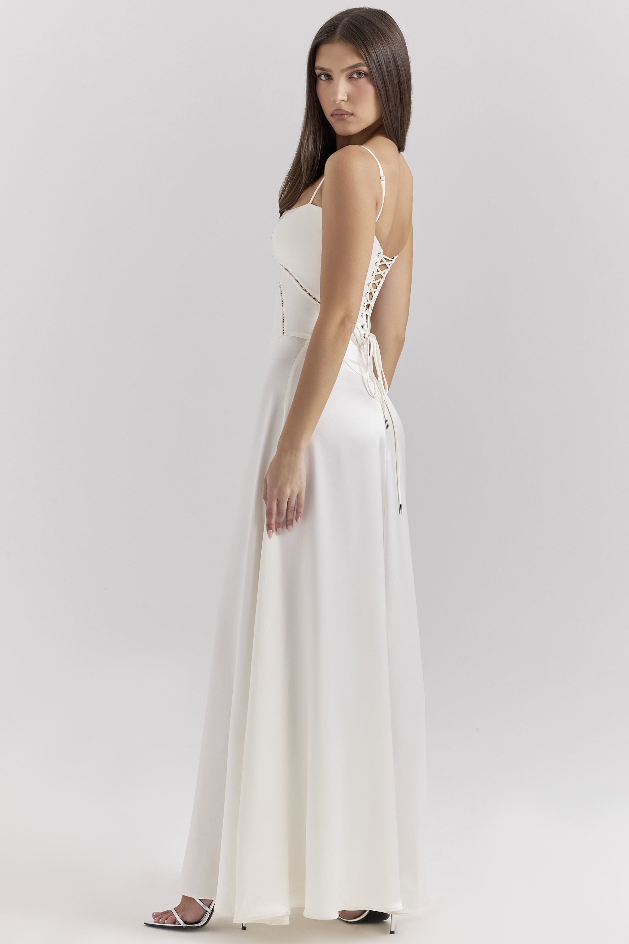 Anabella Ivory Satin Lace Up Maxi Dress