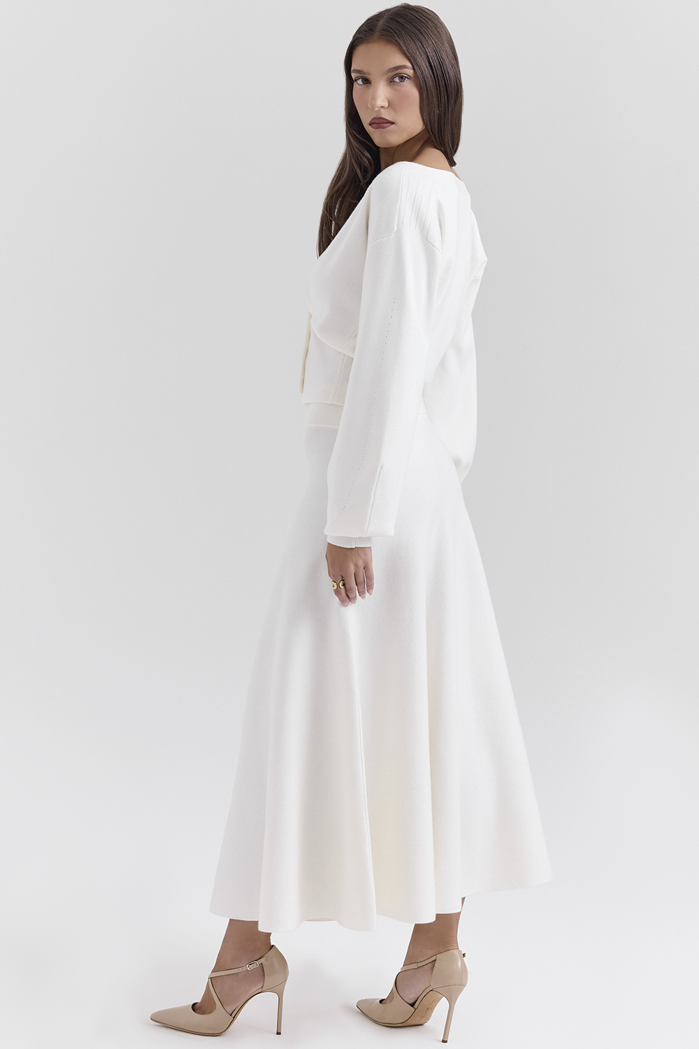 Solara Ivory Wool Mix Flared Midi Skirt