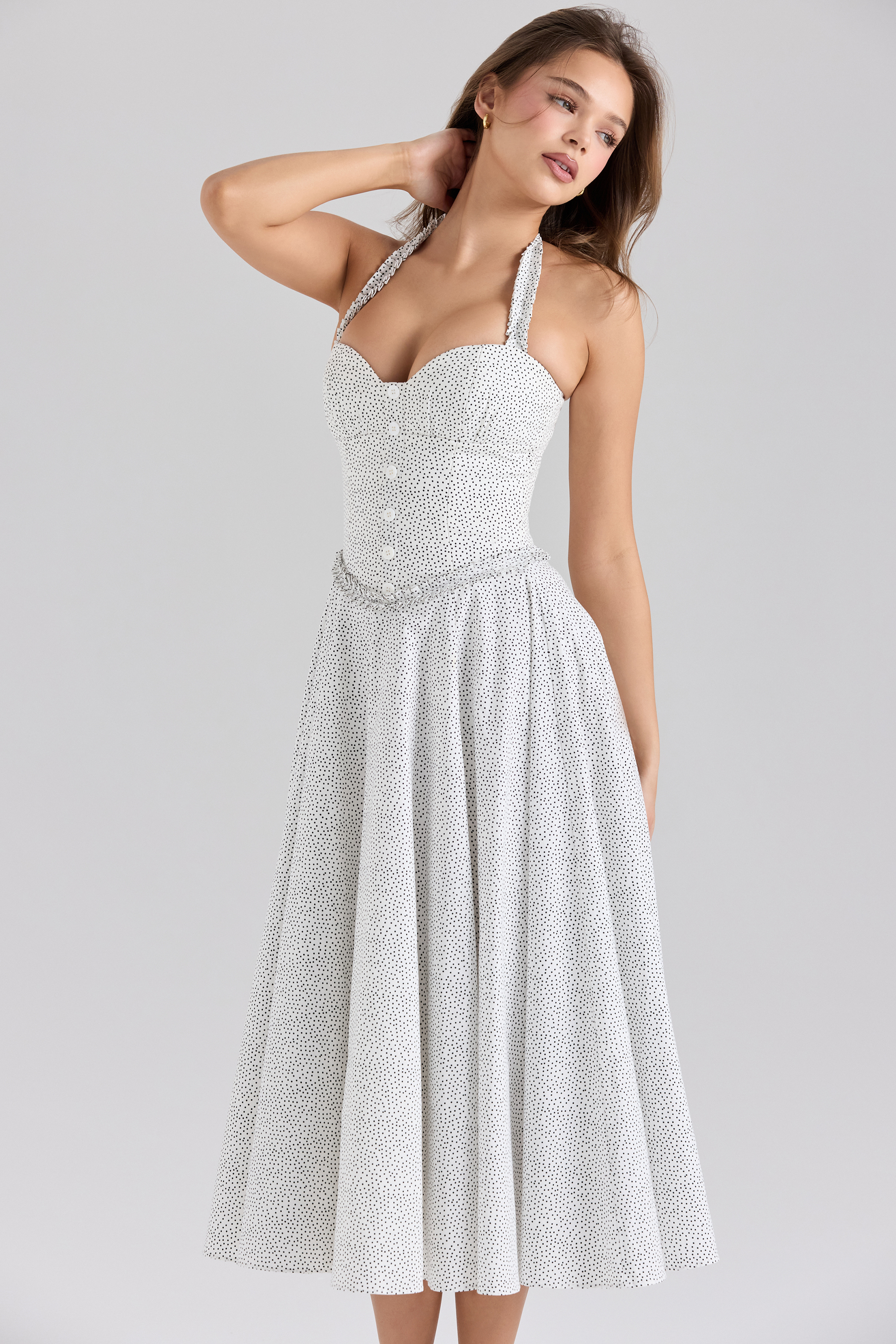 Georgie Cotton Halter Neck Polka Dot Print Midi Dress