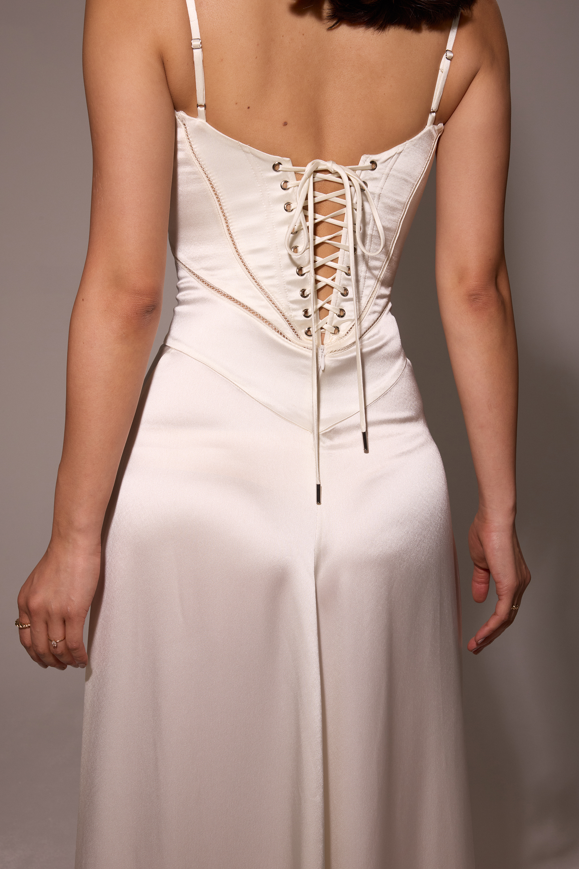 Anabella Ivory Satin Lace Up Maxi Dress