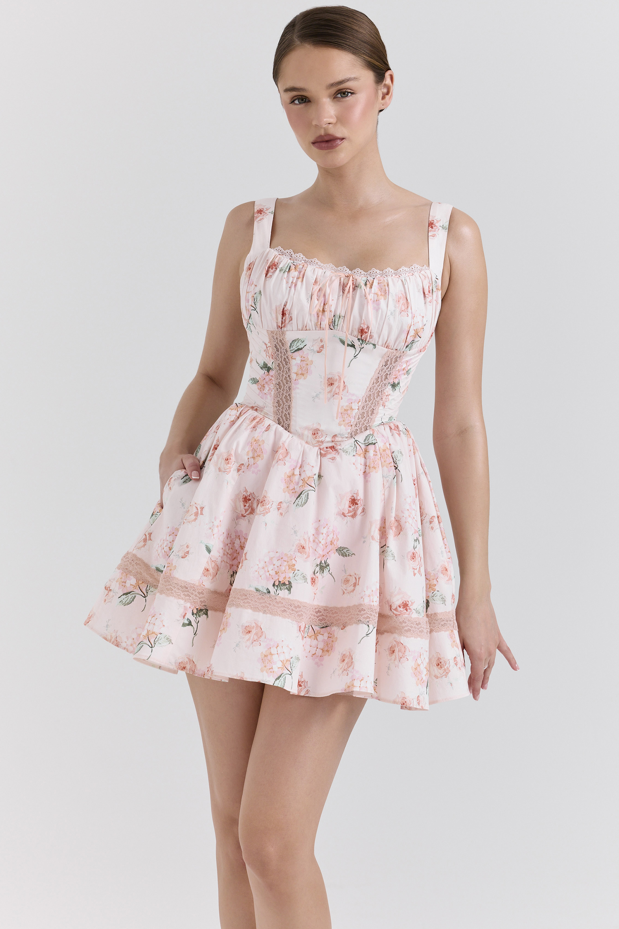 Kimmie Peach Floral Rose Print Cotton Mini Dress