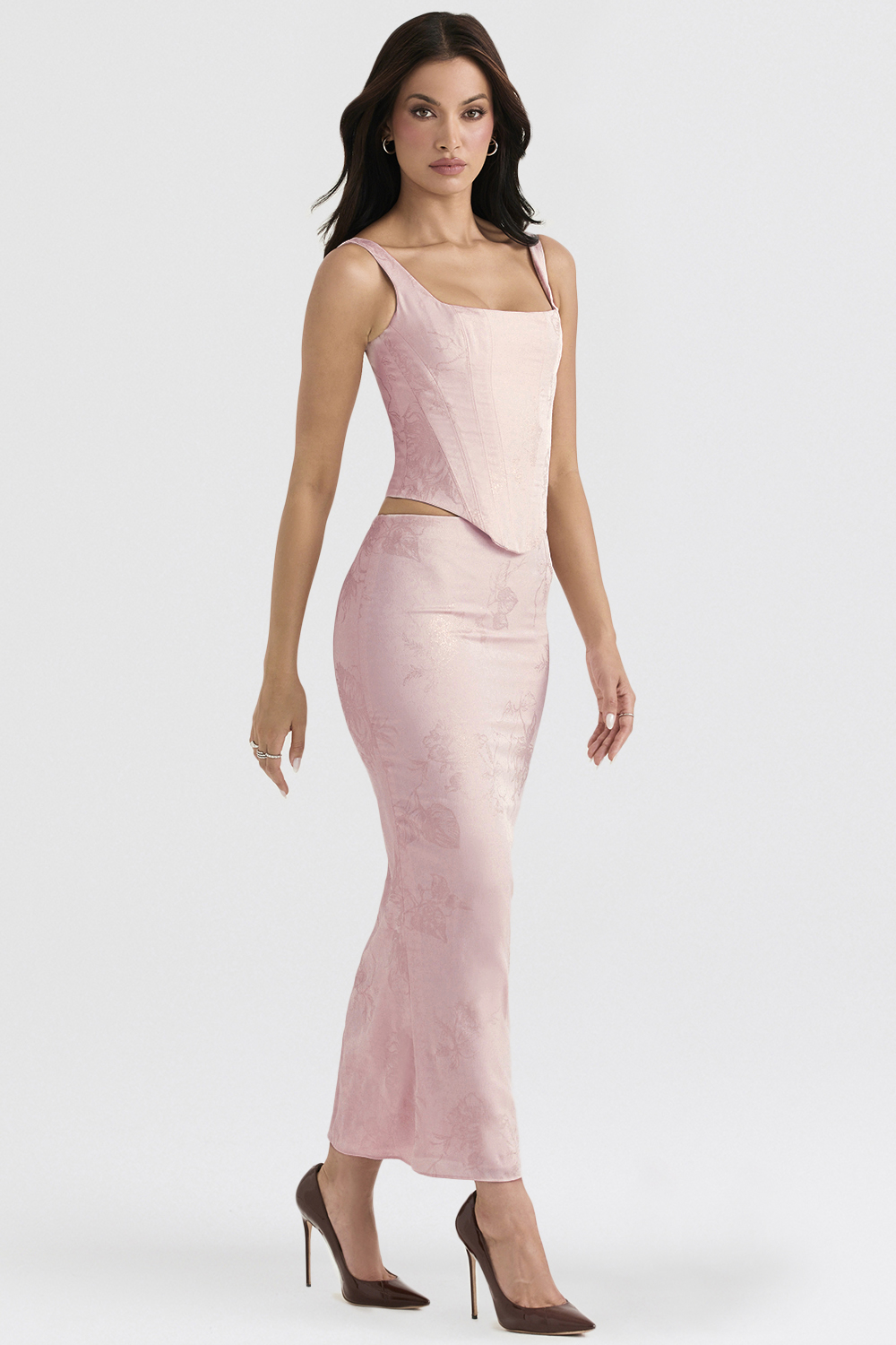 Luisette Pink Metallic Floral Satin Midi Skirt