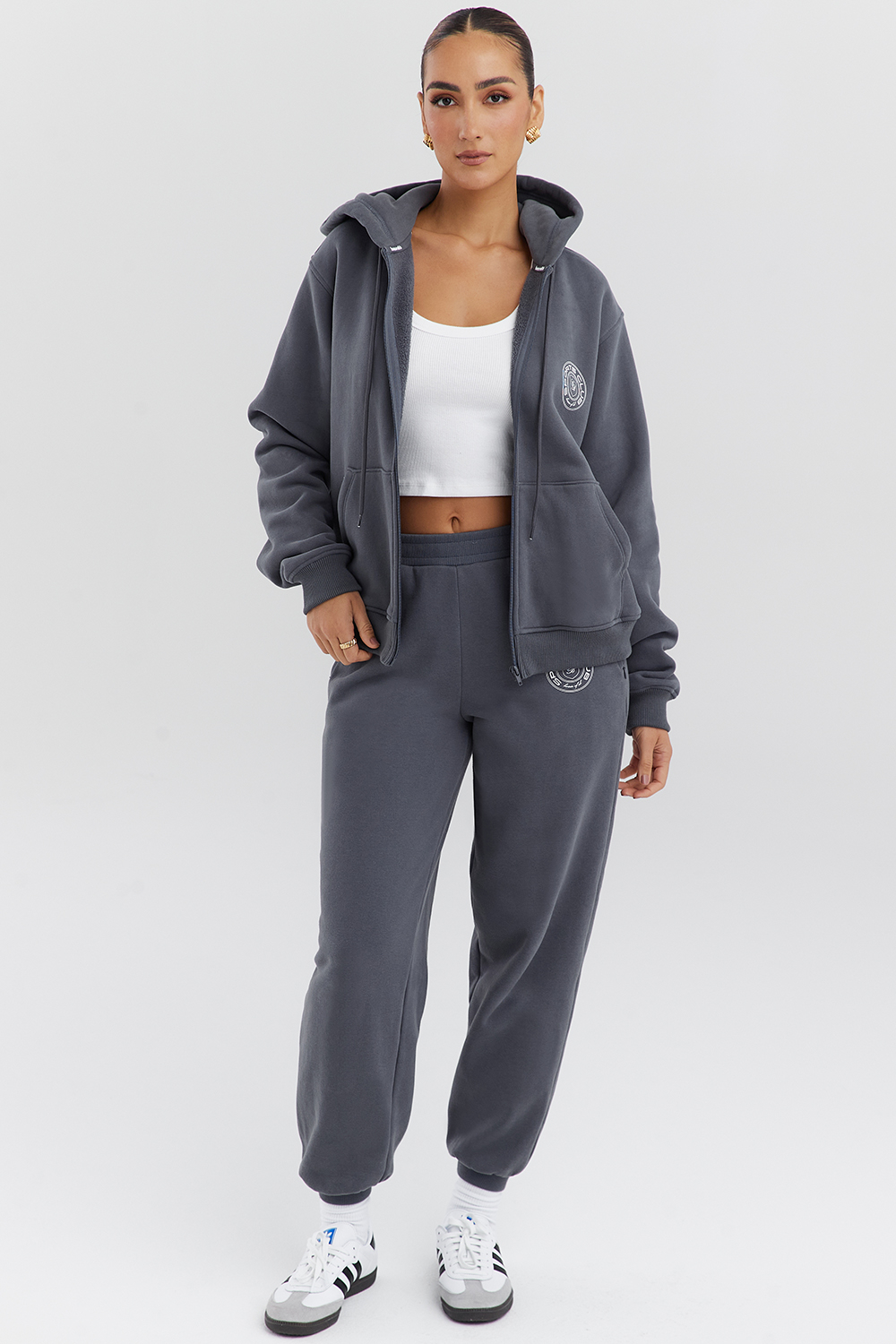 Mirage Slate Cotton Fleece-Back Zip Through Hoodie