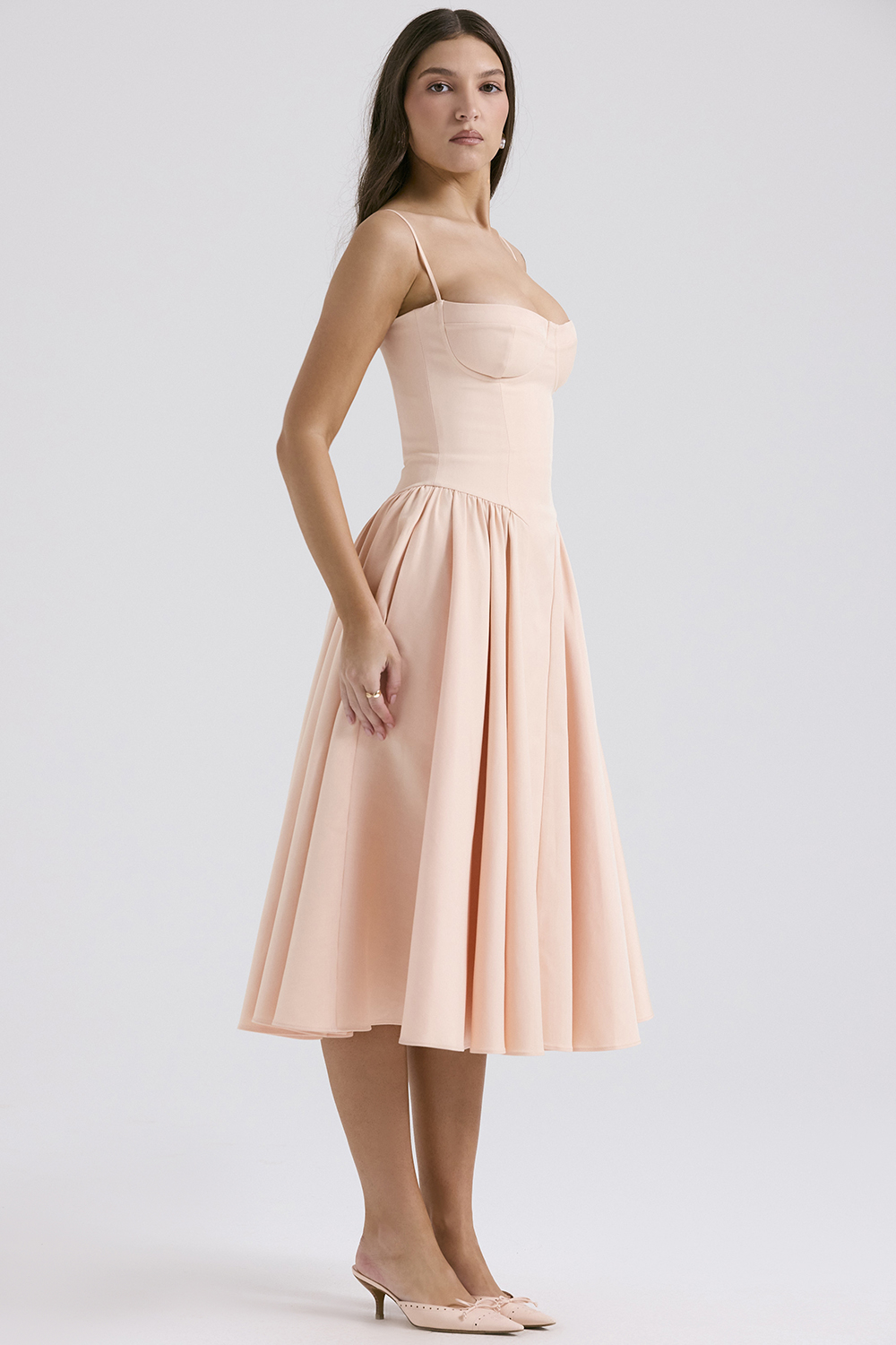 Samaria Peach Parfait Twill Corset Midi Dress