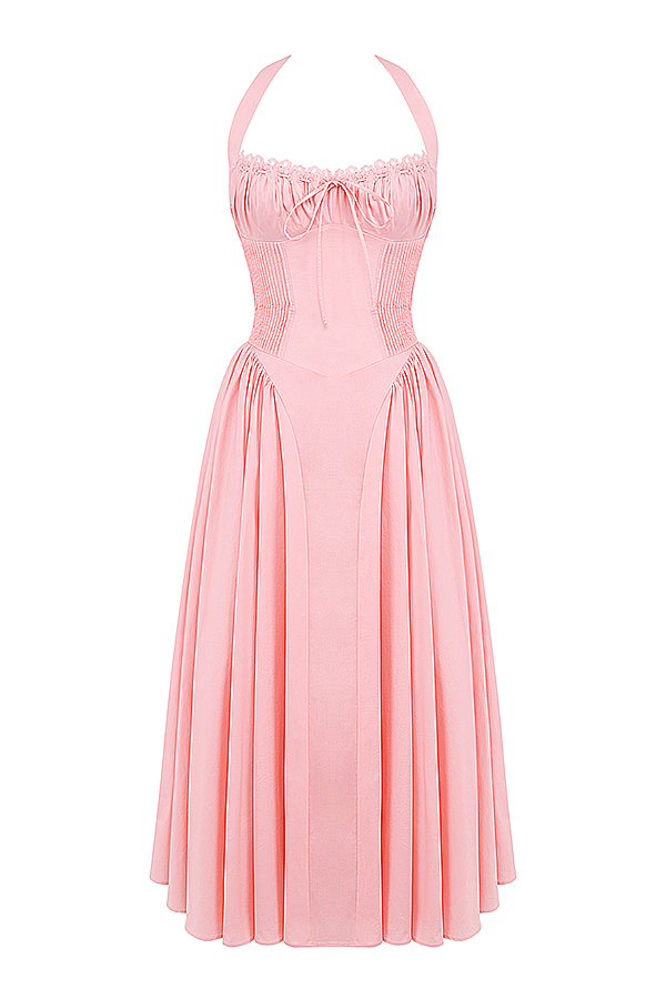 Adabella Rose Pink Cotton Halter Midi Sundress