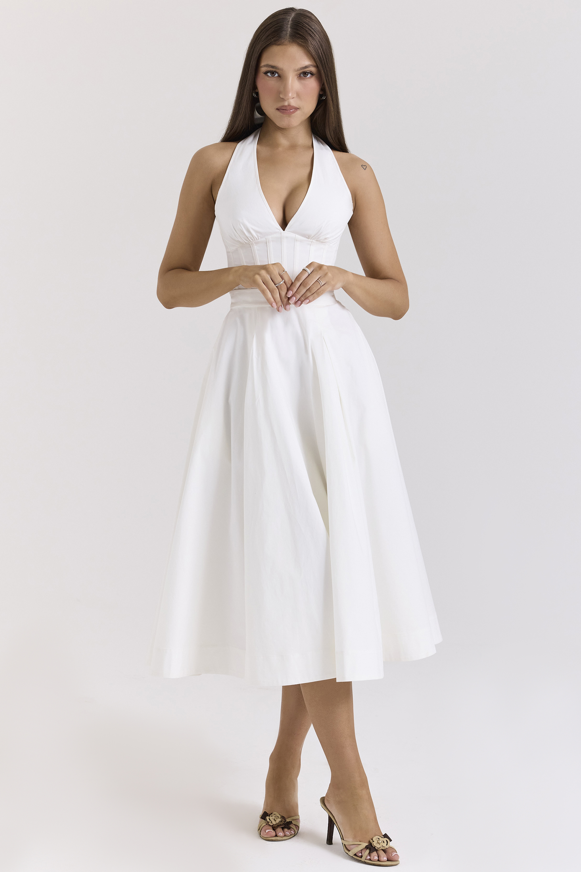 Allena White Stretch Cotton Halter Midi Sundress
