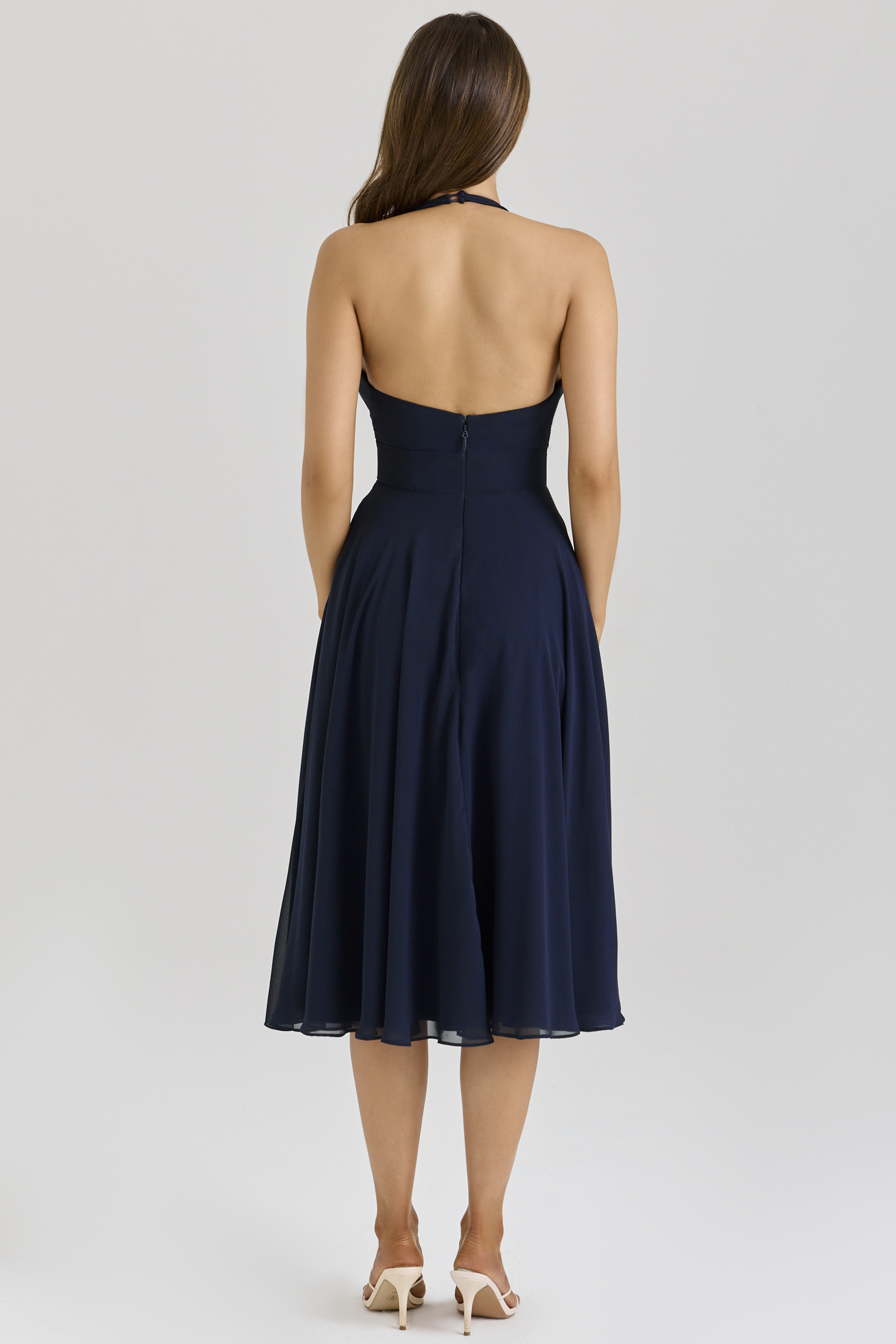 Solada Navy Georgette Halter Midi Dress