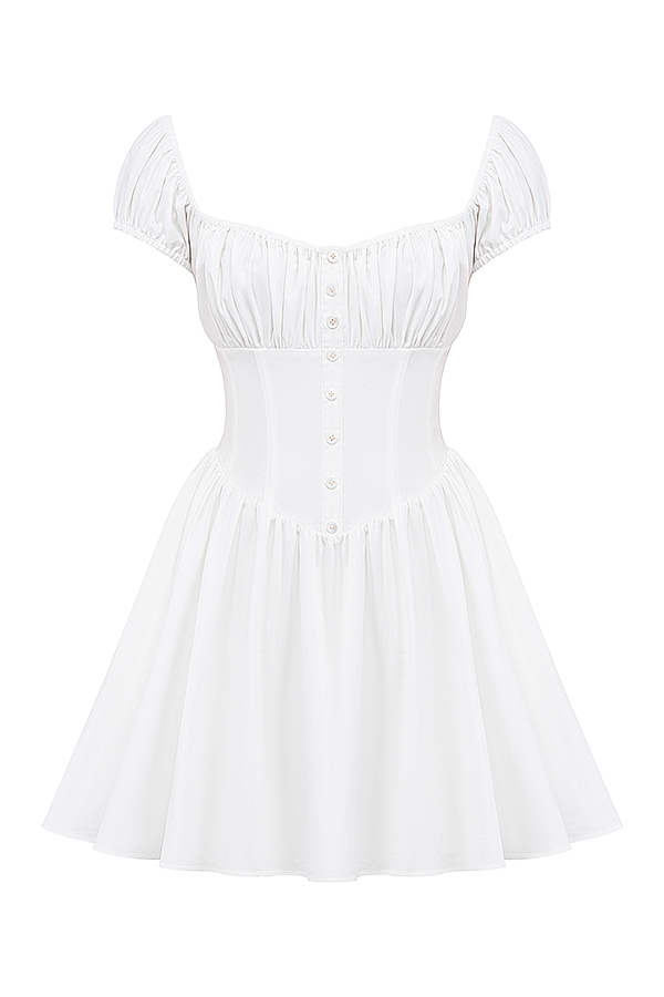 Nala White Cotton Gathered Mini Dress