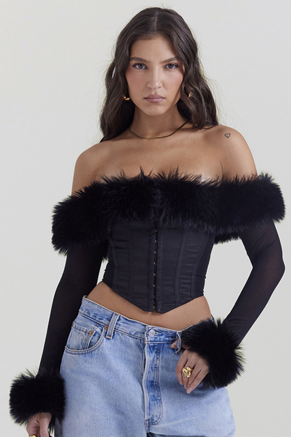 Merle Black Faux Fur Trim Corset