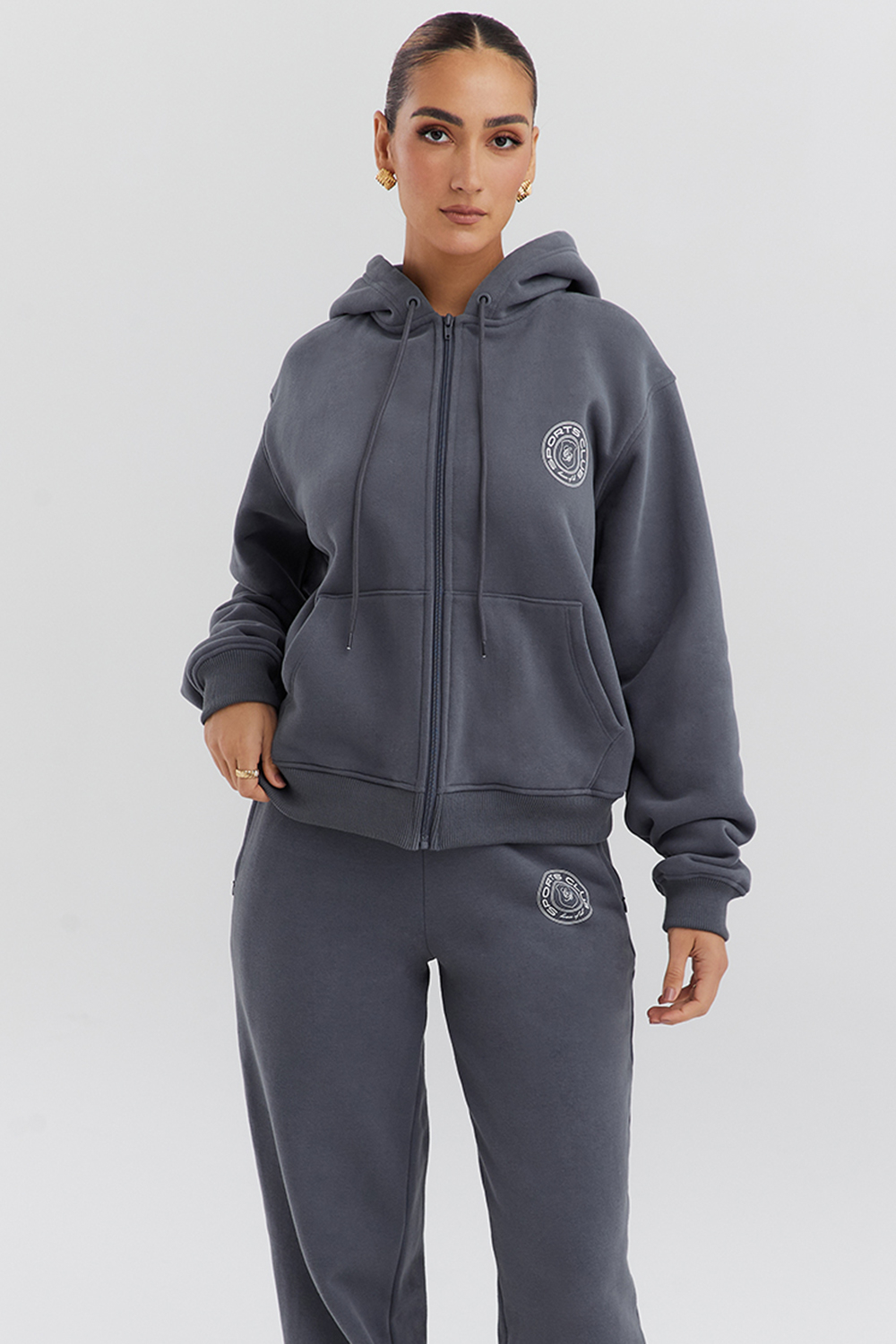 Mirage Slate Cotton Fleece-Back Zip Through Hoodie