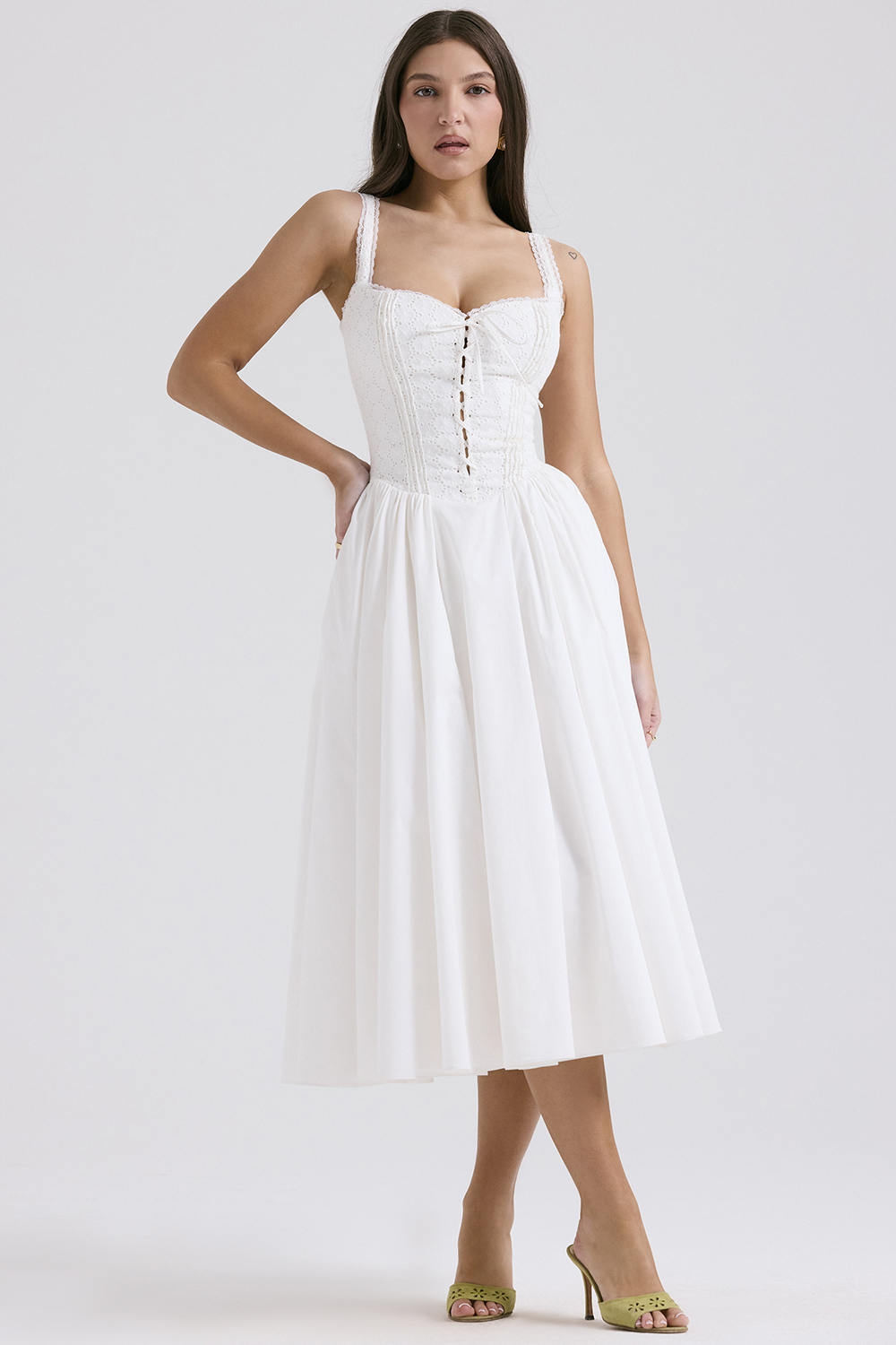 Milia White Broderie Anglais & Cotton Midi Dress