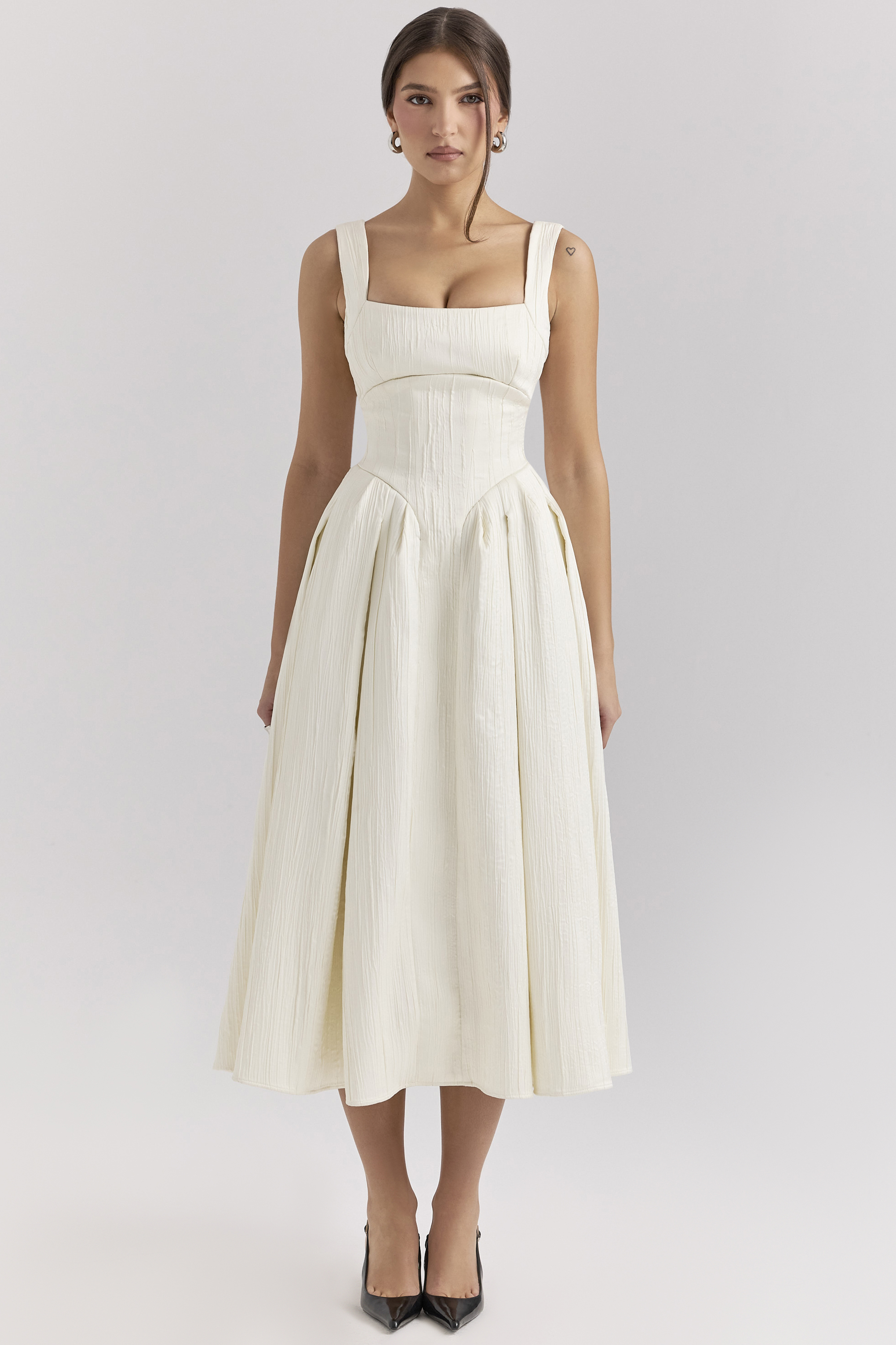 Isabeau Ivory Textured Satin Corset Midi Dress
