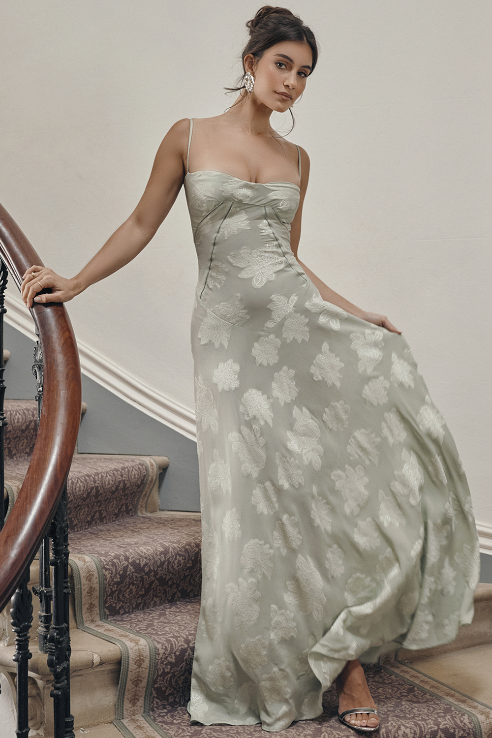 Seren Pistachio Floral Lace Back Maxi Dress