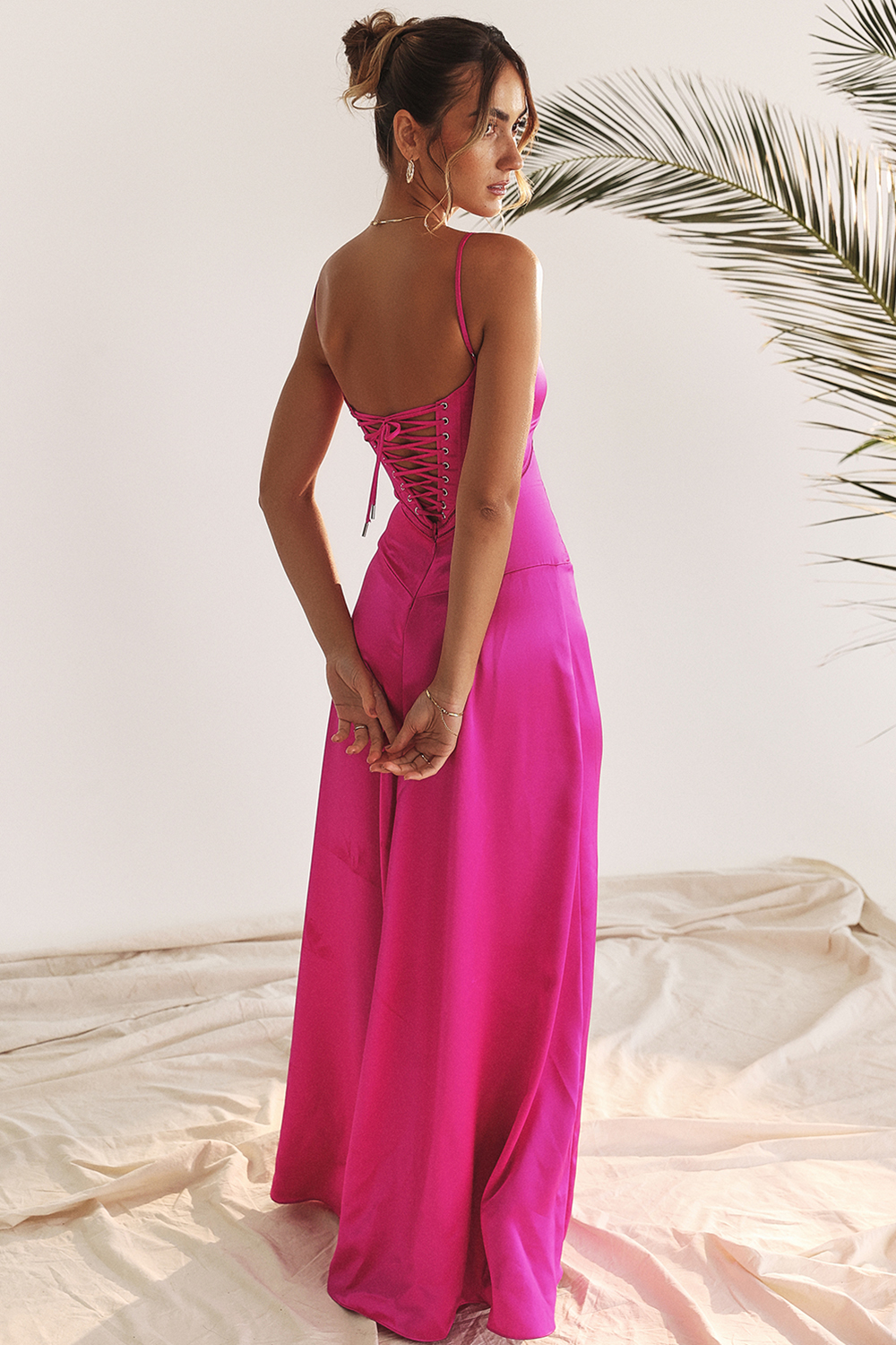 Anabella Fuchsia Lace Up Maxi Dress