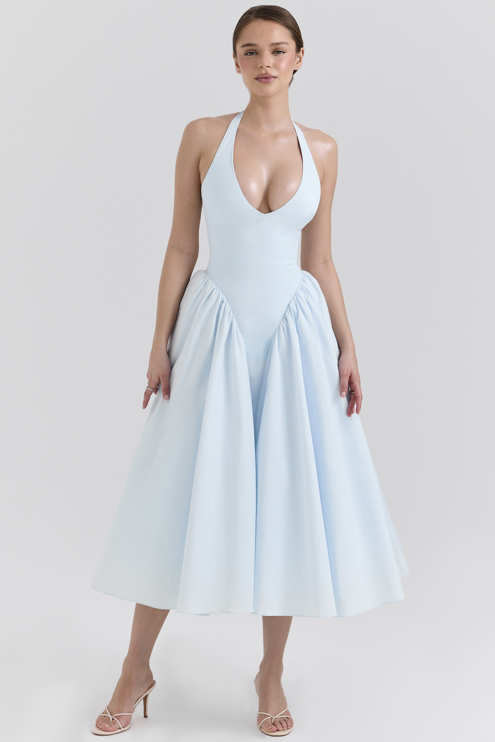 Marilyn Soft Blue Cotton Twill Halter Midi Sundress