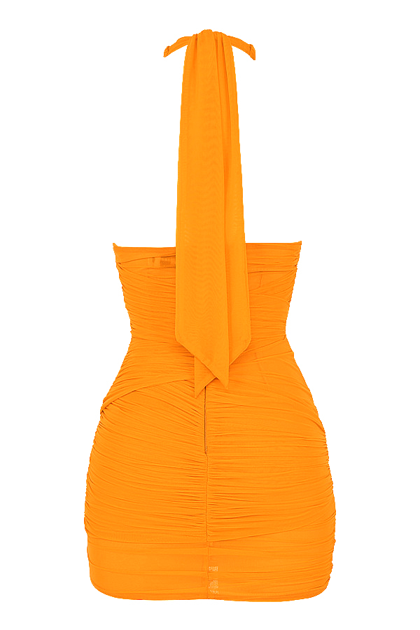 Over ItMistress Rocks  Orange Gathered Mesh Halter Neck Mini Dress - SALE