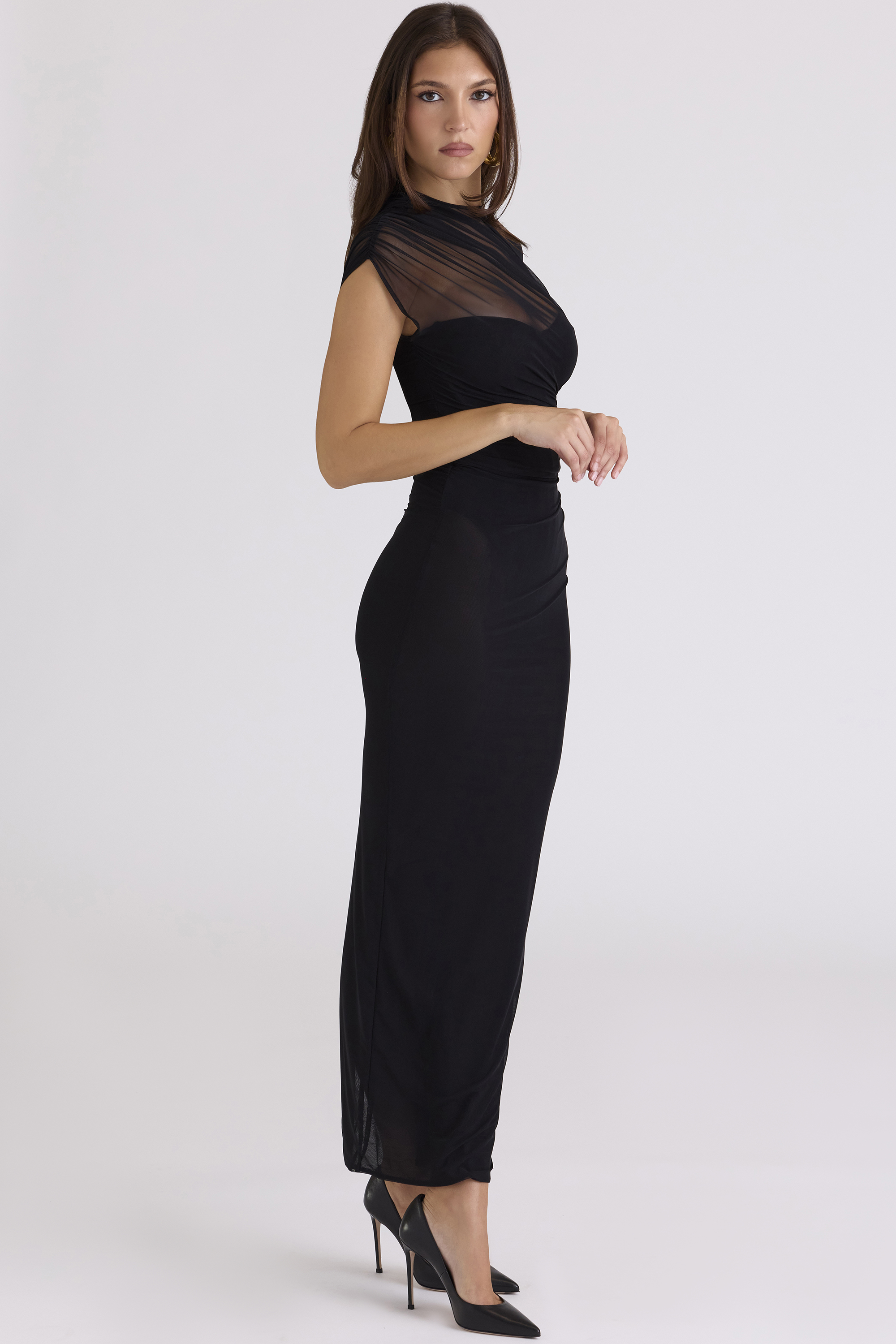 Orelia Black Draped Mesh Maxi Dress