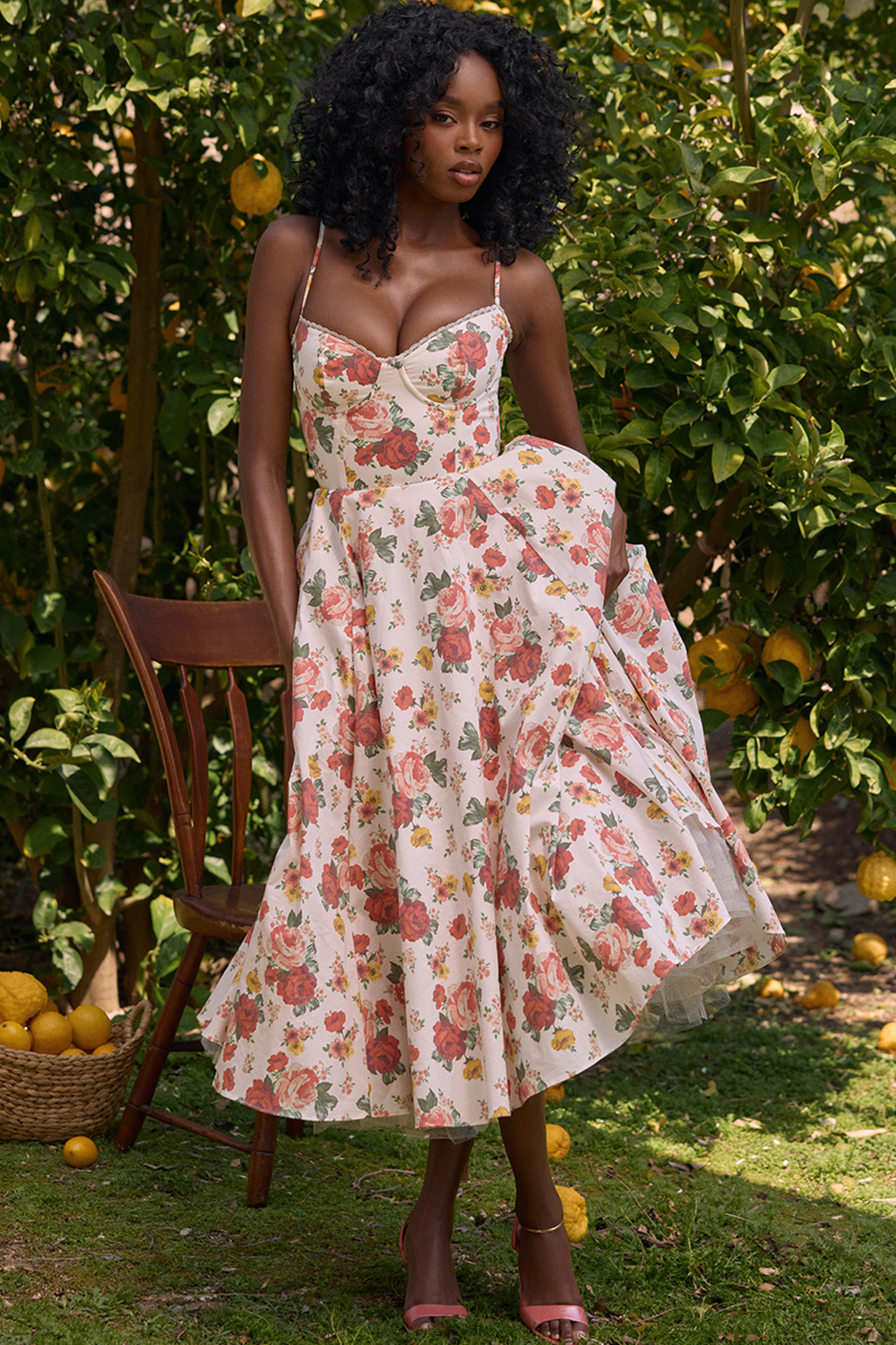 Mademoiselle Italian Rose Print Tulle Midi Dress