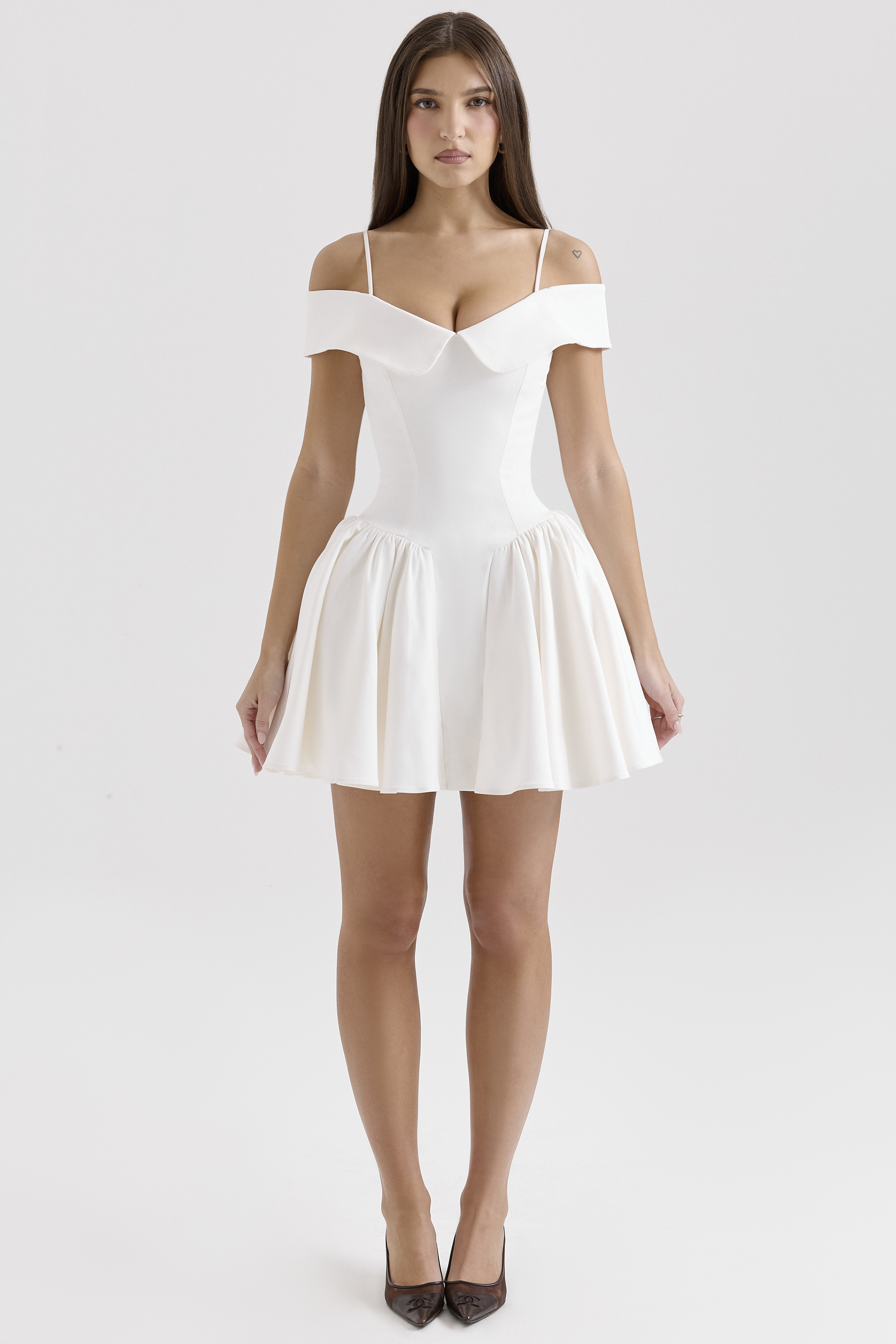 Elida White Twill Off Shoulder Mini Dress
