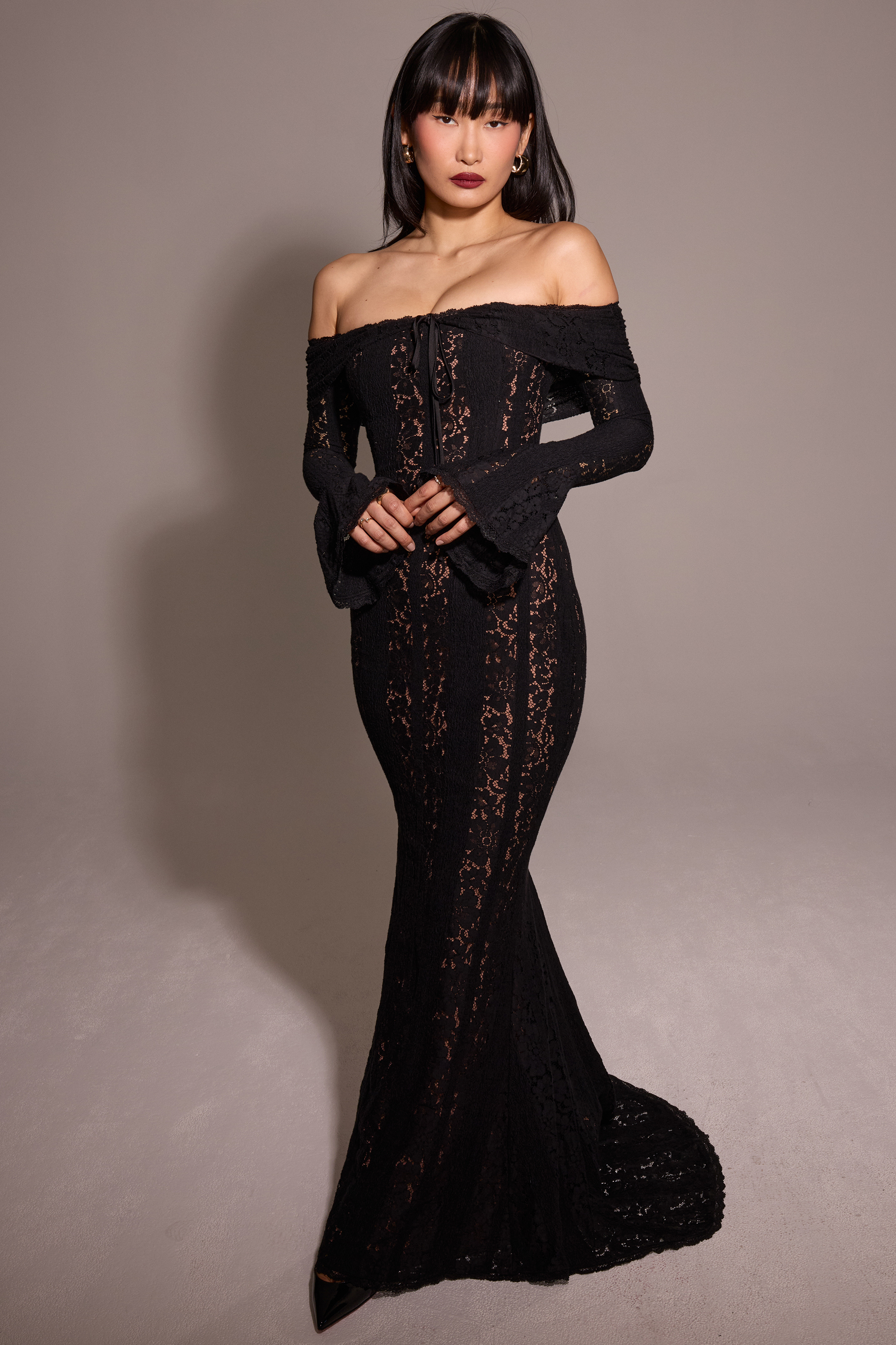 Belle Black Off Shoulder Floral Lace Maxi Dress