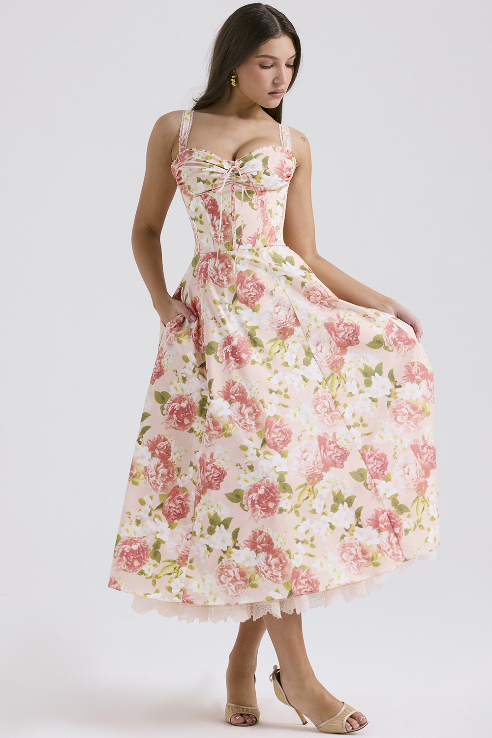 Rosalee Pink Peony Print Cotton Bustier Sundress