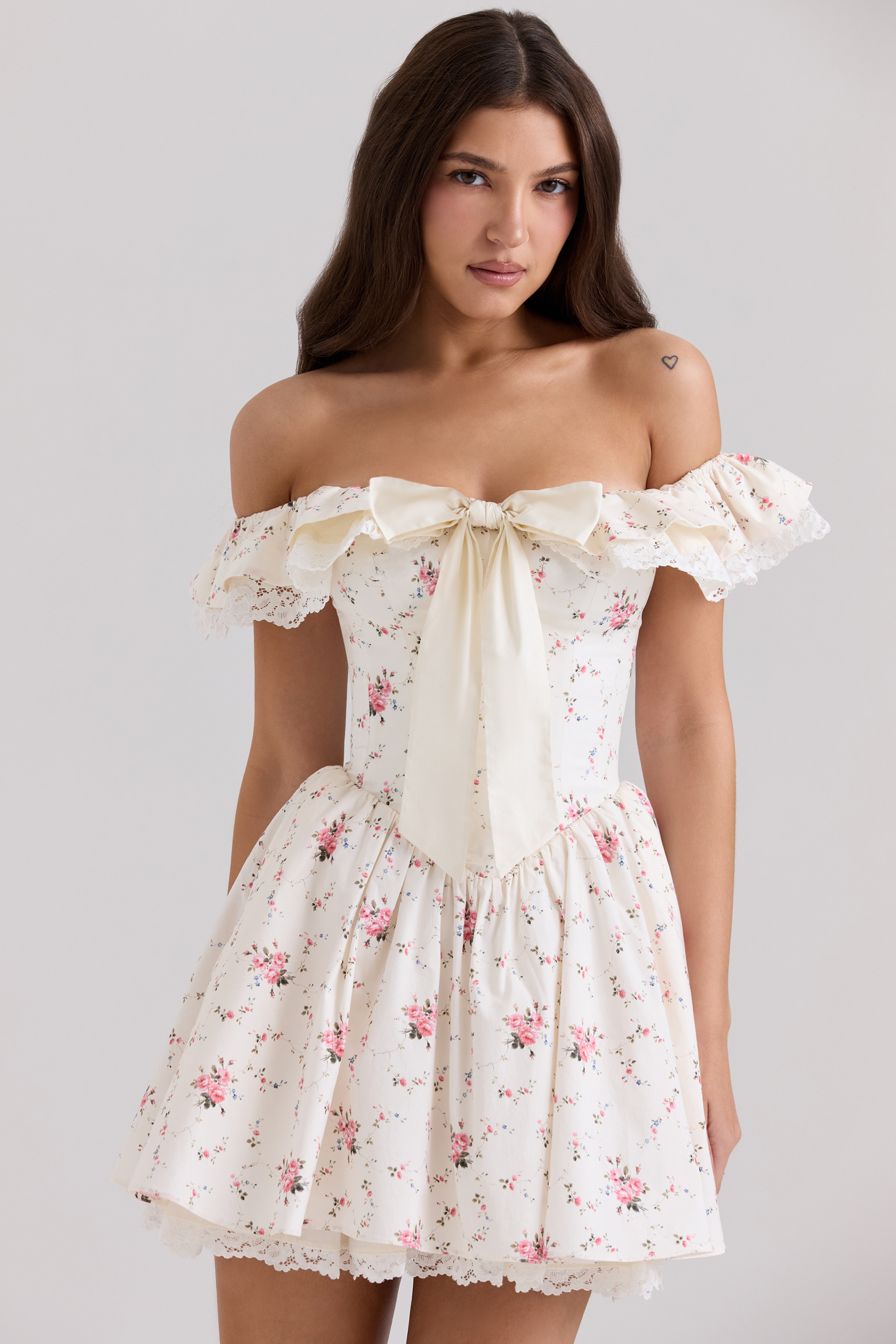 Jaide Stretch Cotton Floral Print Off Shoulder Corset Mini Dress