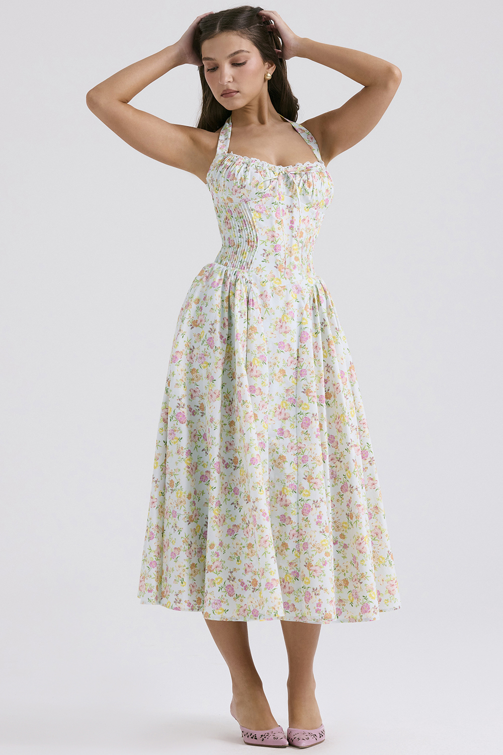 Adabella Pale Blue Meadow Print Cotton Halter Sundress