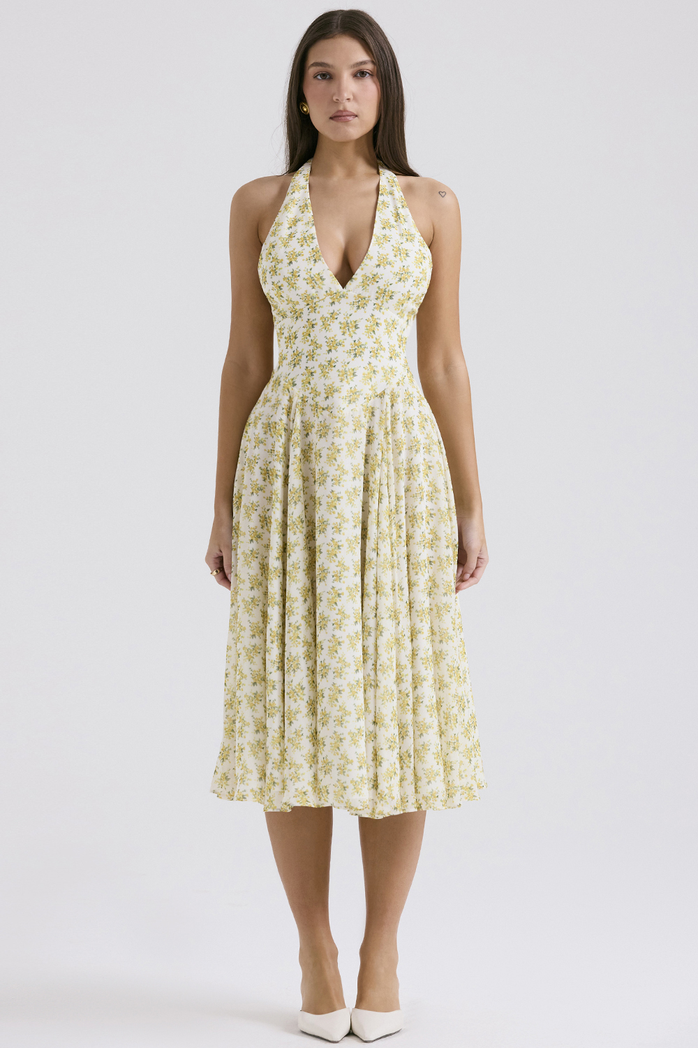 Solada Ivory Vintage Floral Print Georgette Halter Sundress