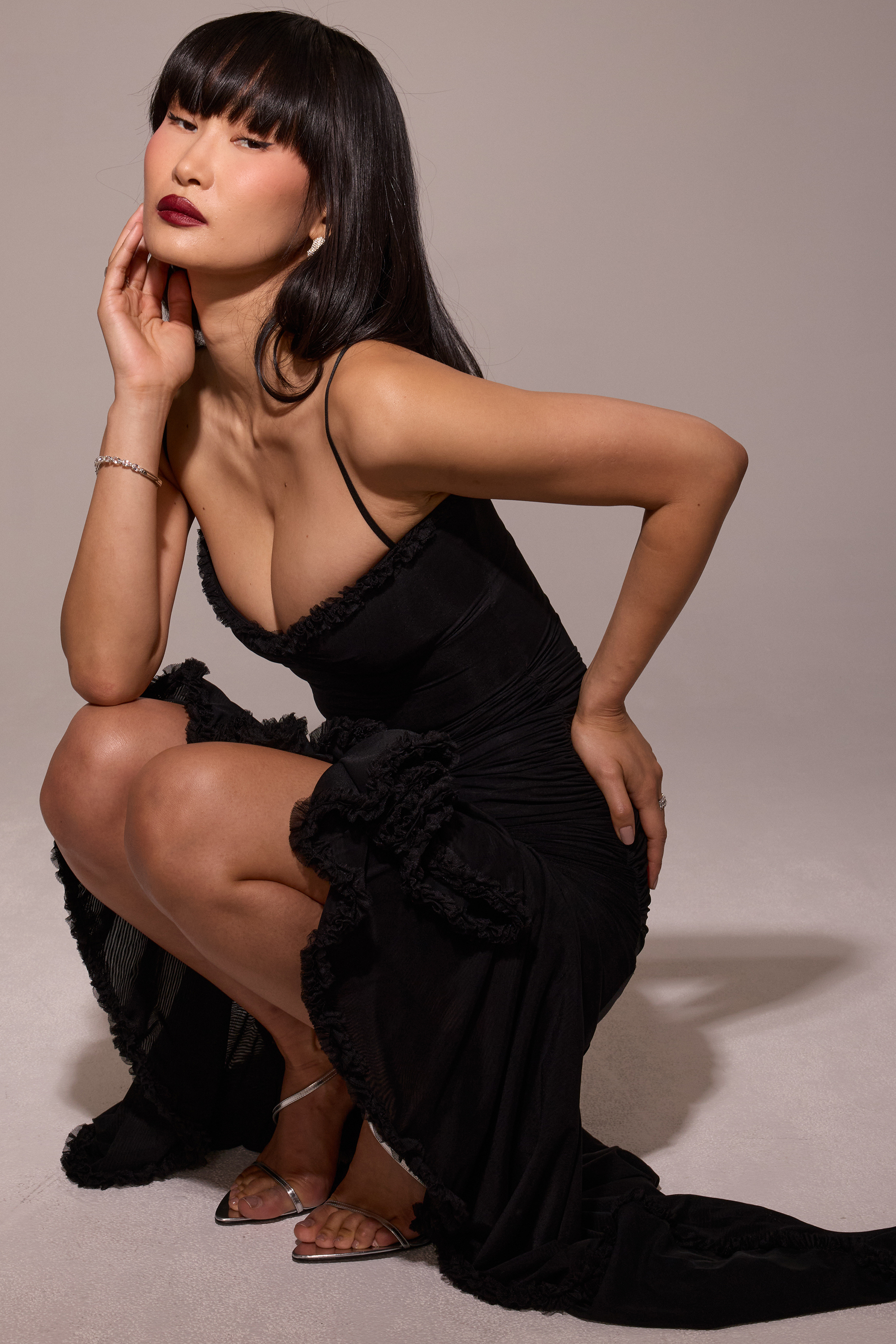 Gabbi Black Mesh Ruffled Front Gown