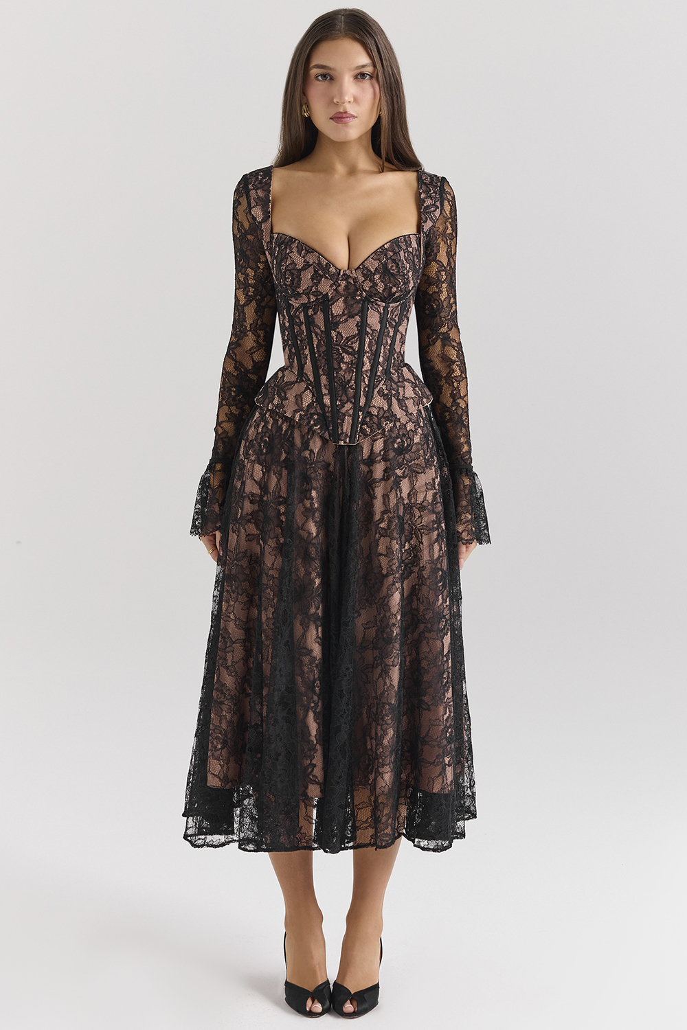 Raquel Black Lace Corset Midi Dress - SALE