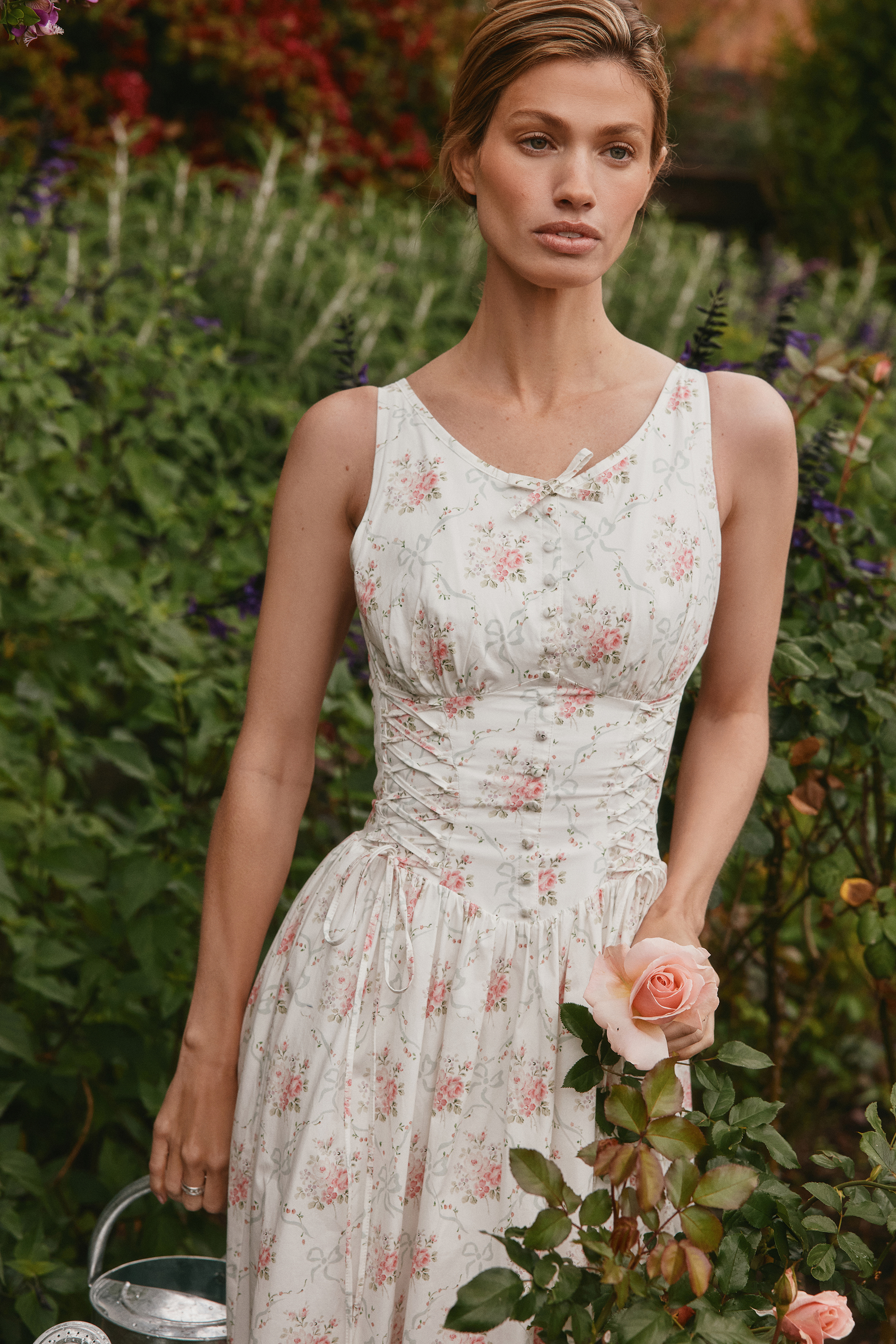 Sienna Rose Print Stretch Cotton Lace Up Midi Dress