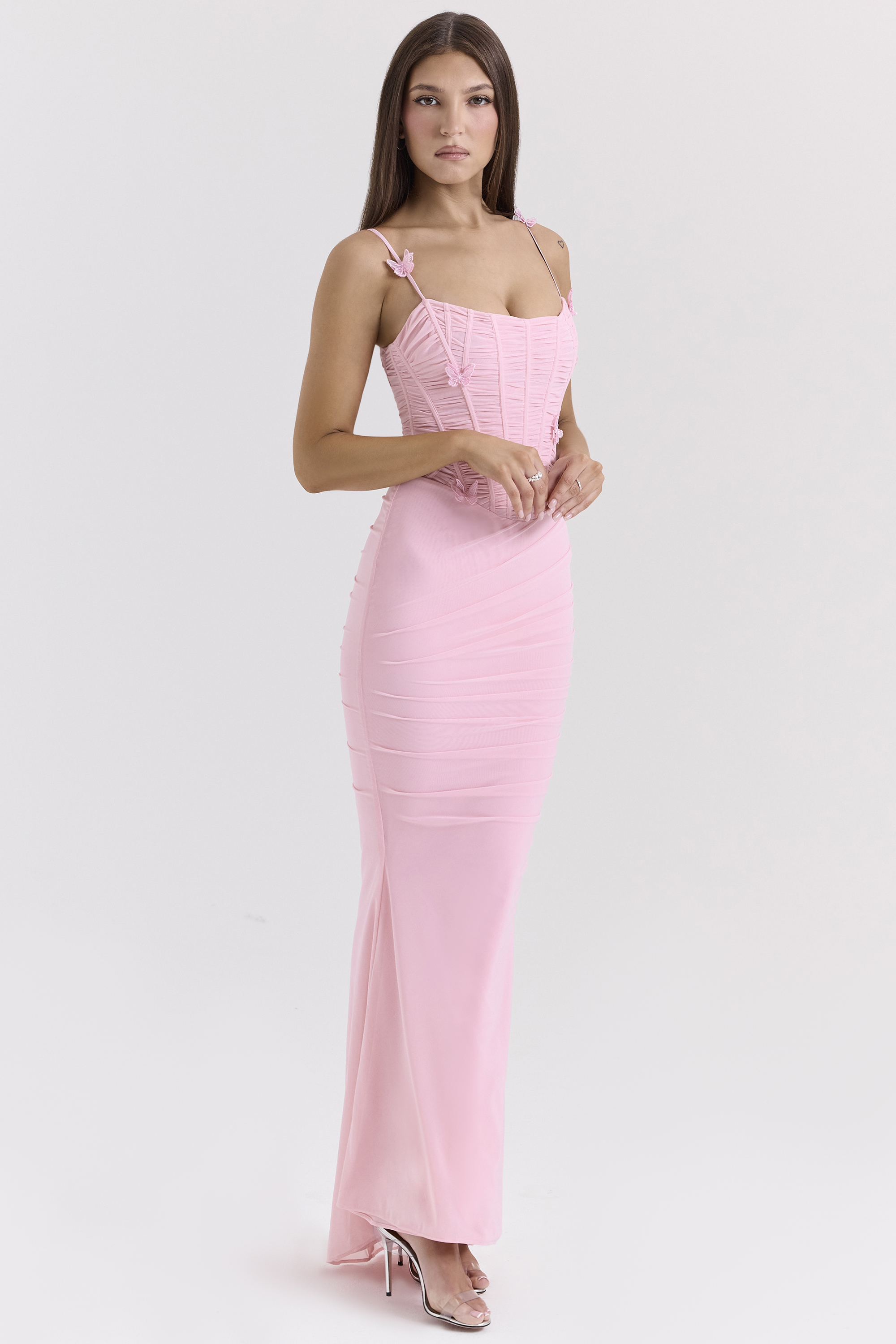 Romola Pink Stretch Mesh Butterfly Maxi Dress