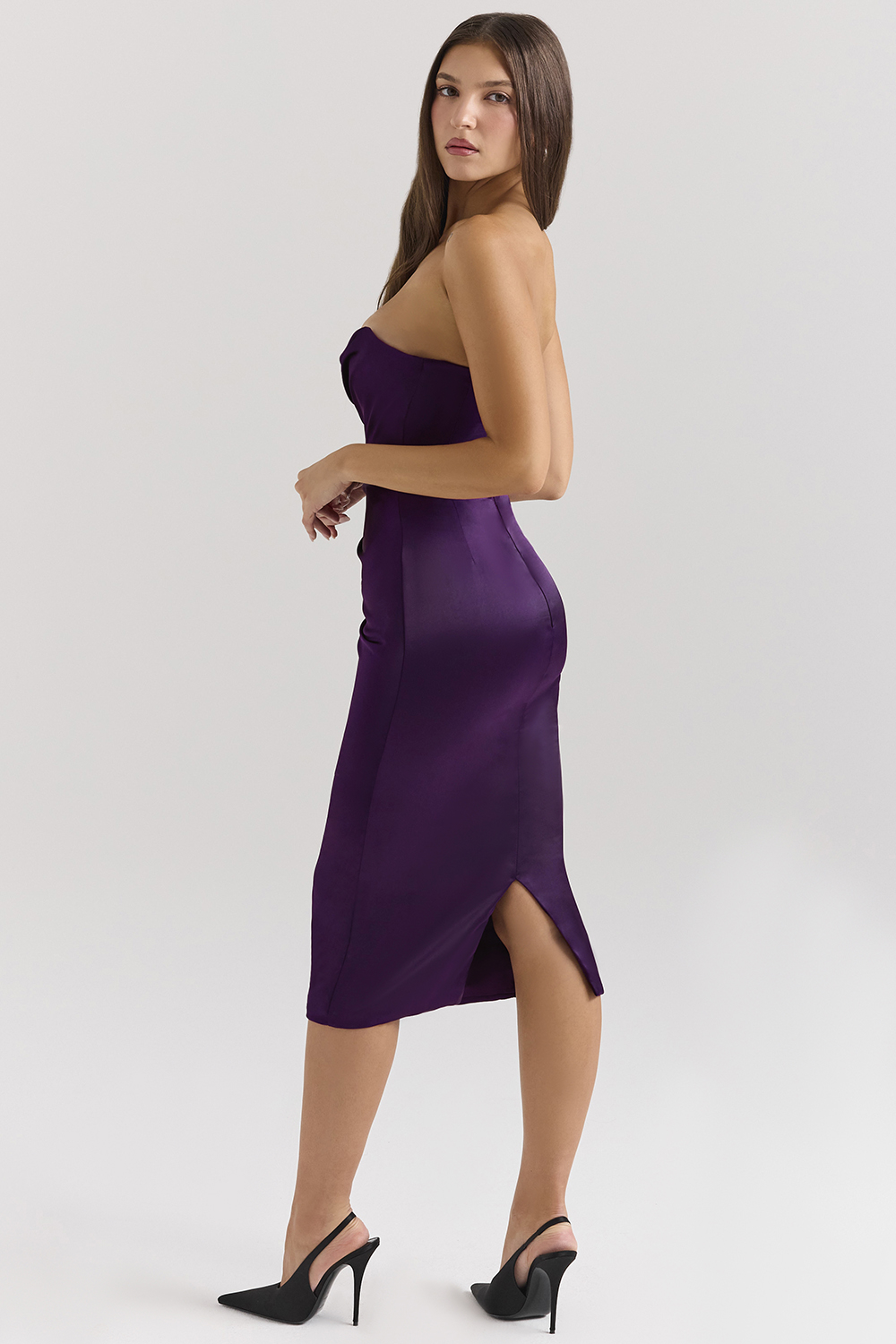Santana Grape Satin Strapless Midi Dress