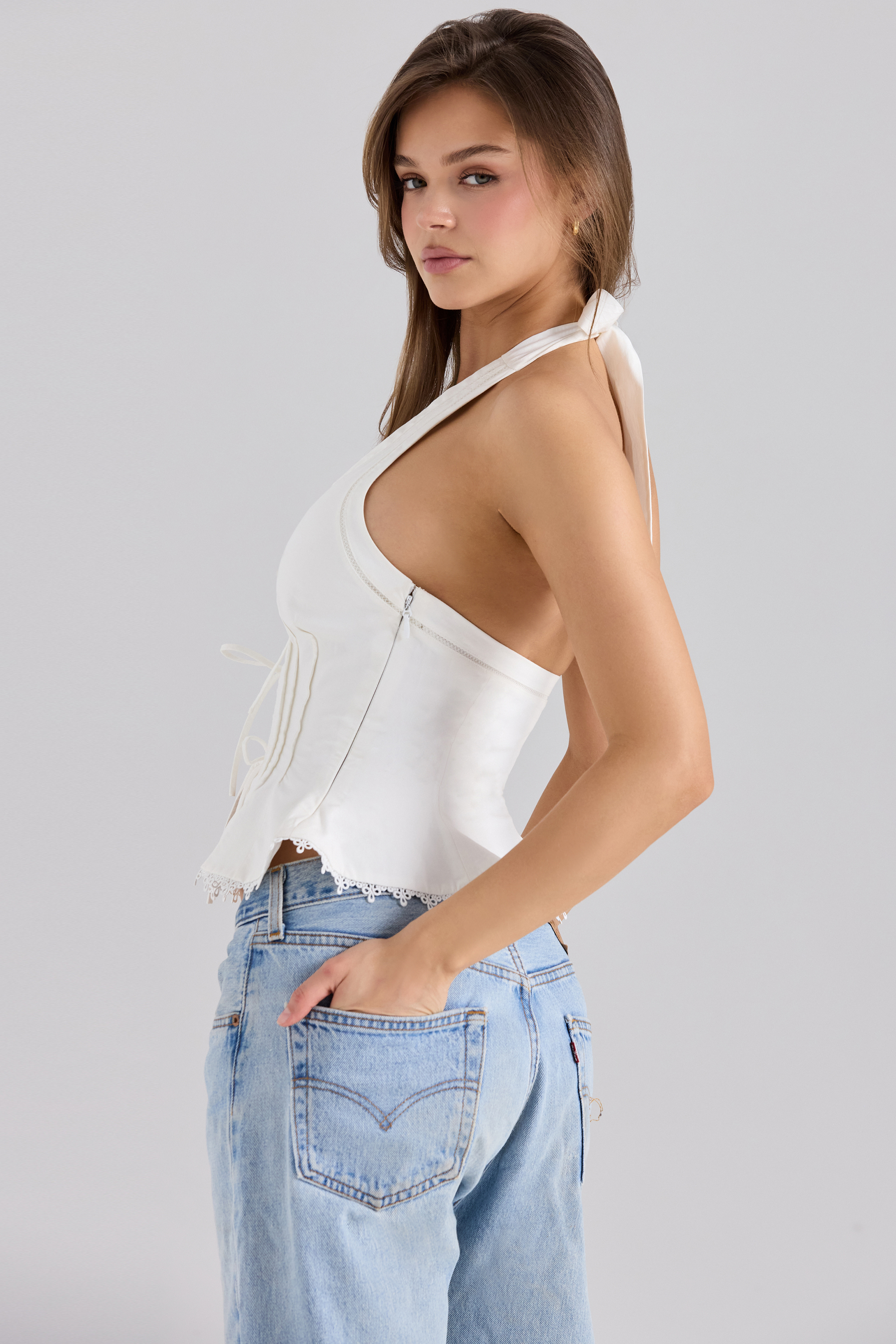 Elana White Stretch Cotton Halter Neck Corset Top