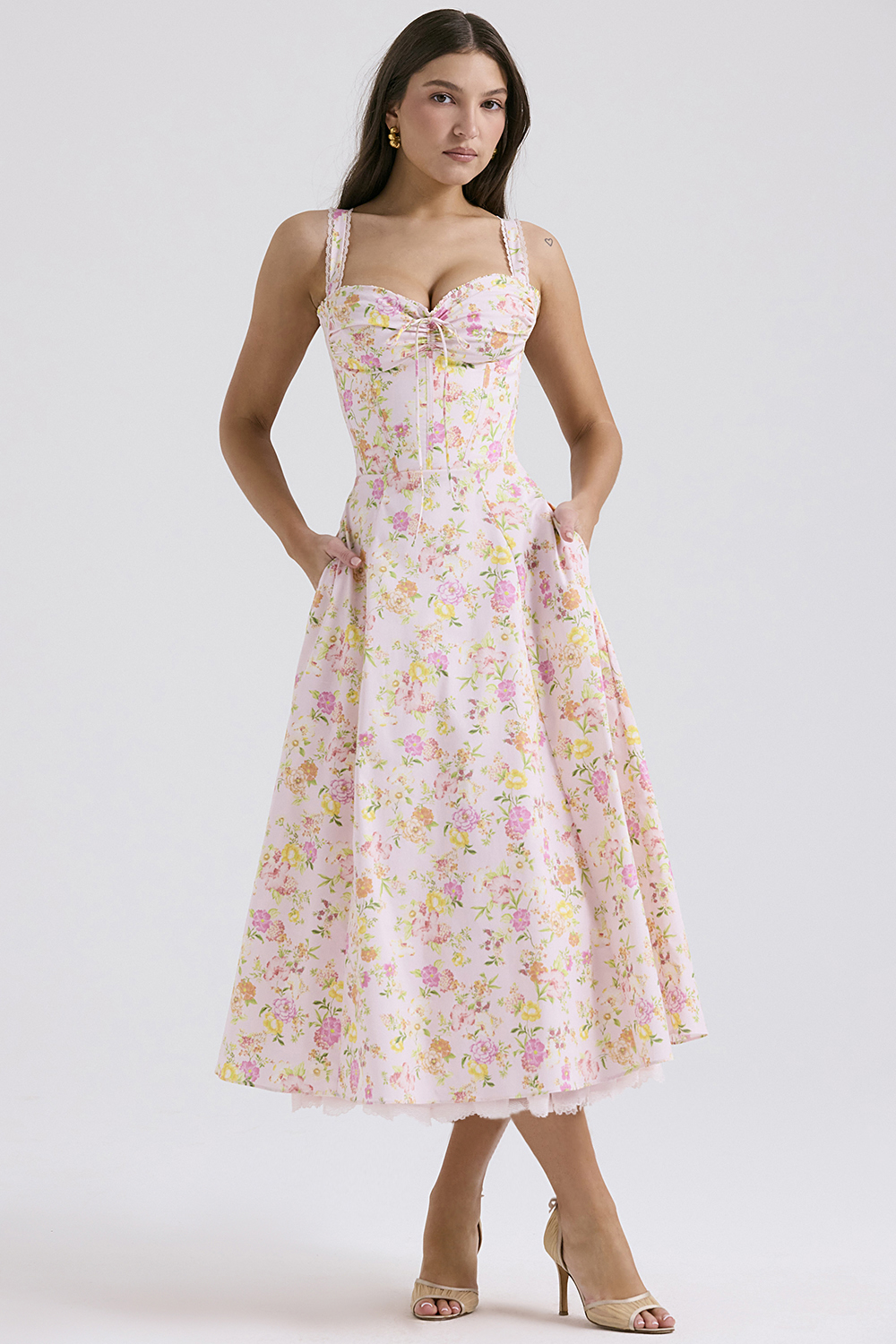 Rosalee Pink Meadow Print Cotton Bustier Sundress