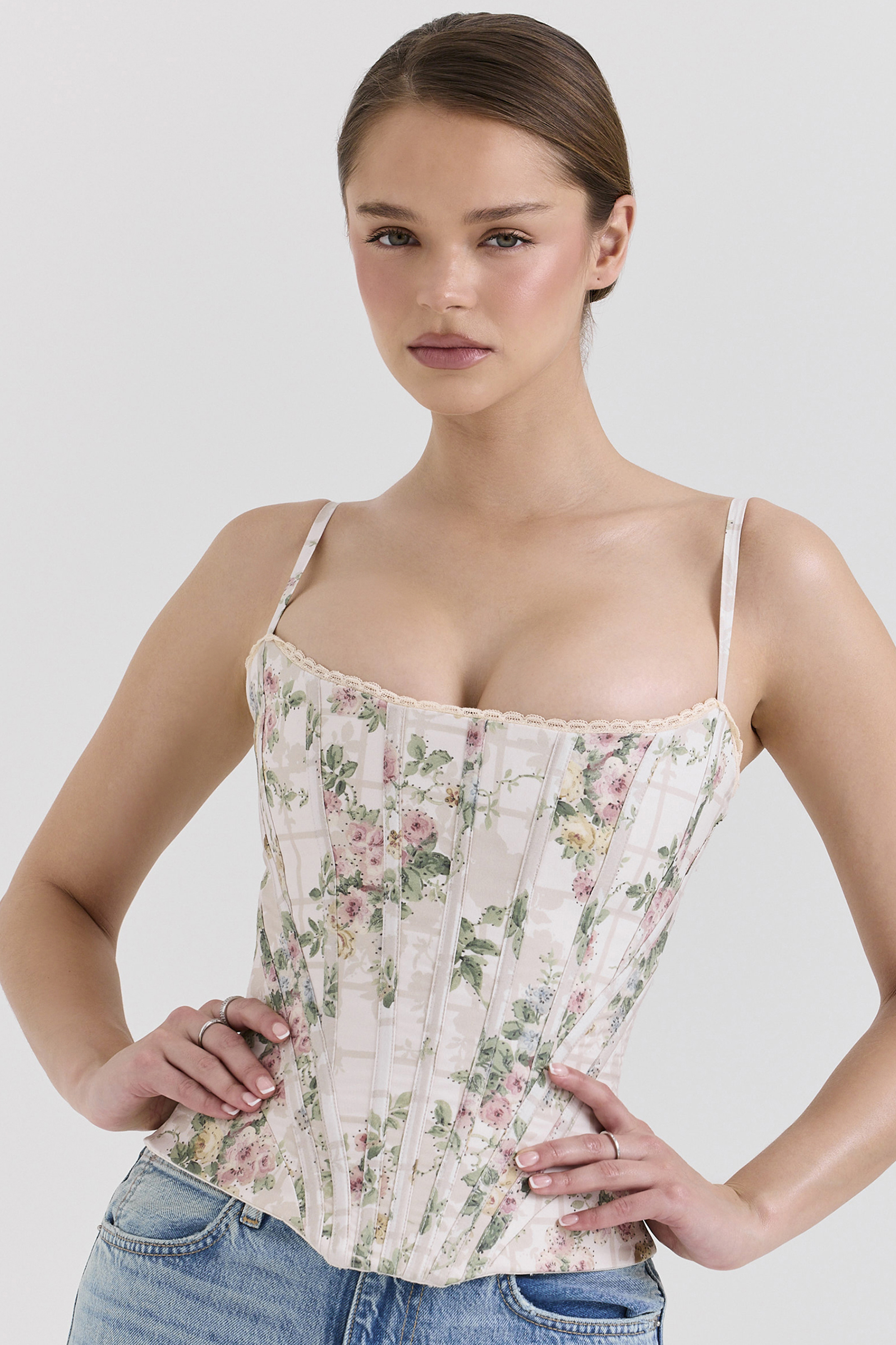 Cadie Cream Floral Cotton Corset Top