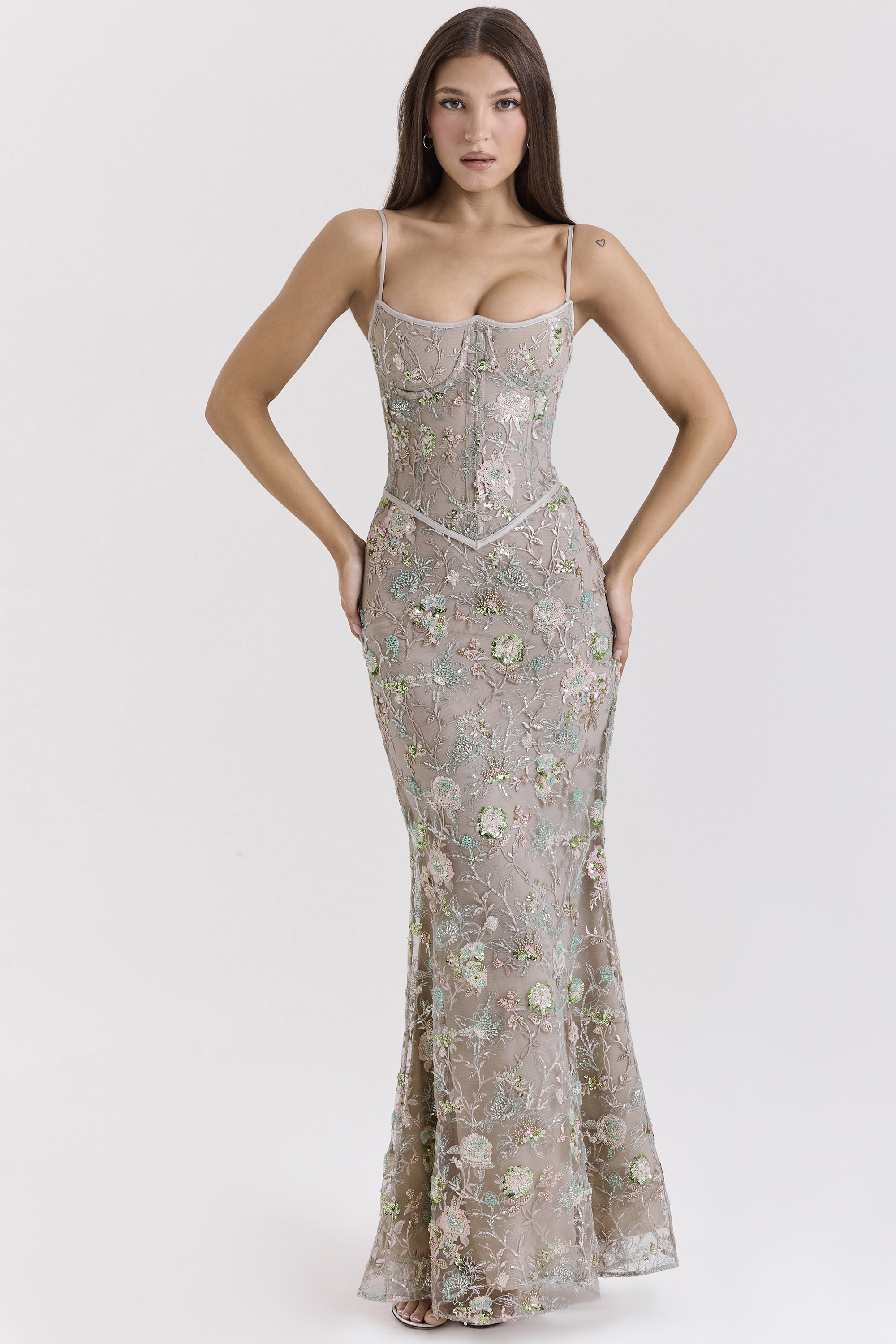 Naima Silver Embellished Beaded Corset Maxi Dress