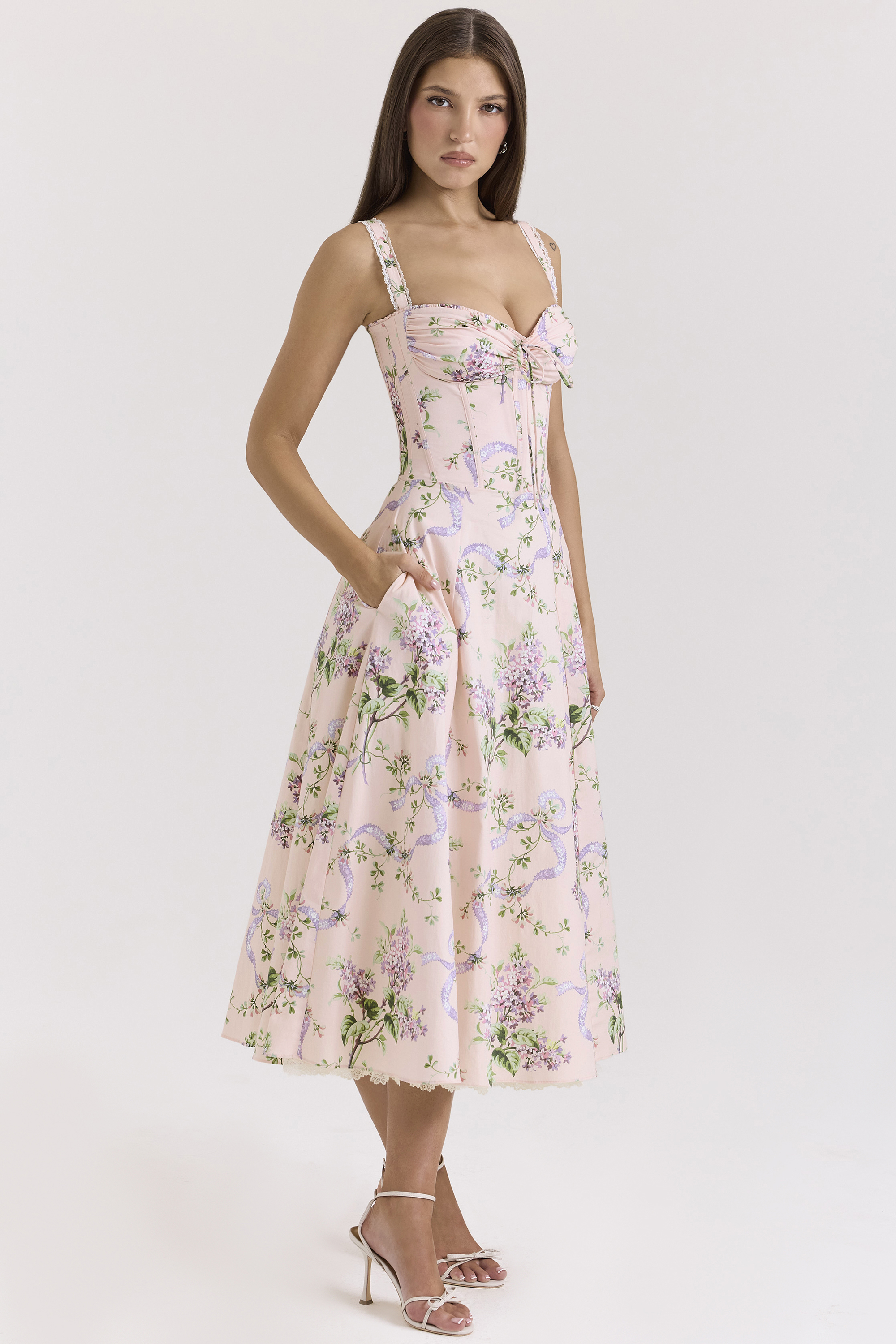 Rosalee Pink Floral Corset Midi Dress