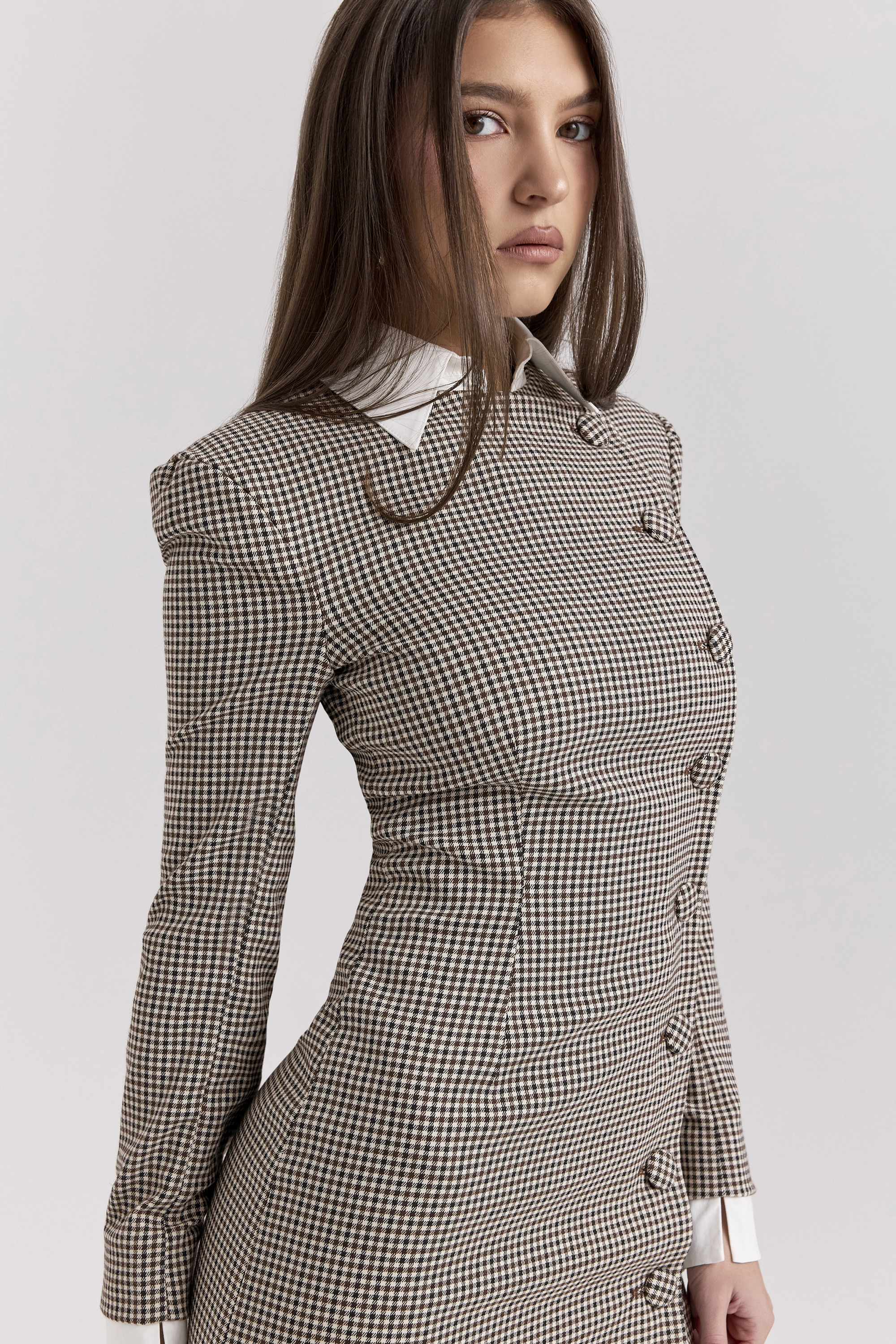 Leoni Brown Puppytooth Check Bodycon Mini Dress