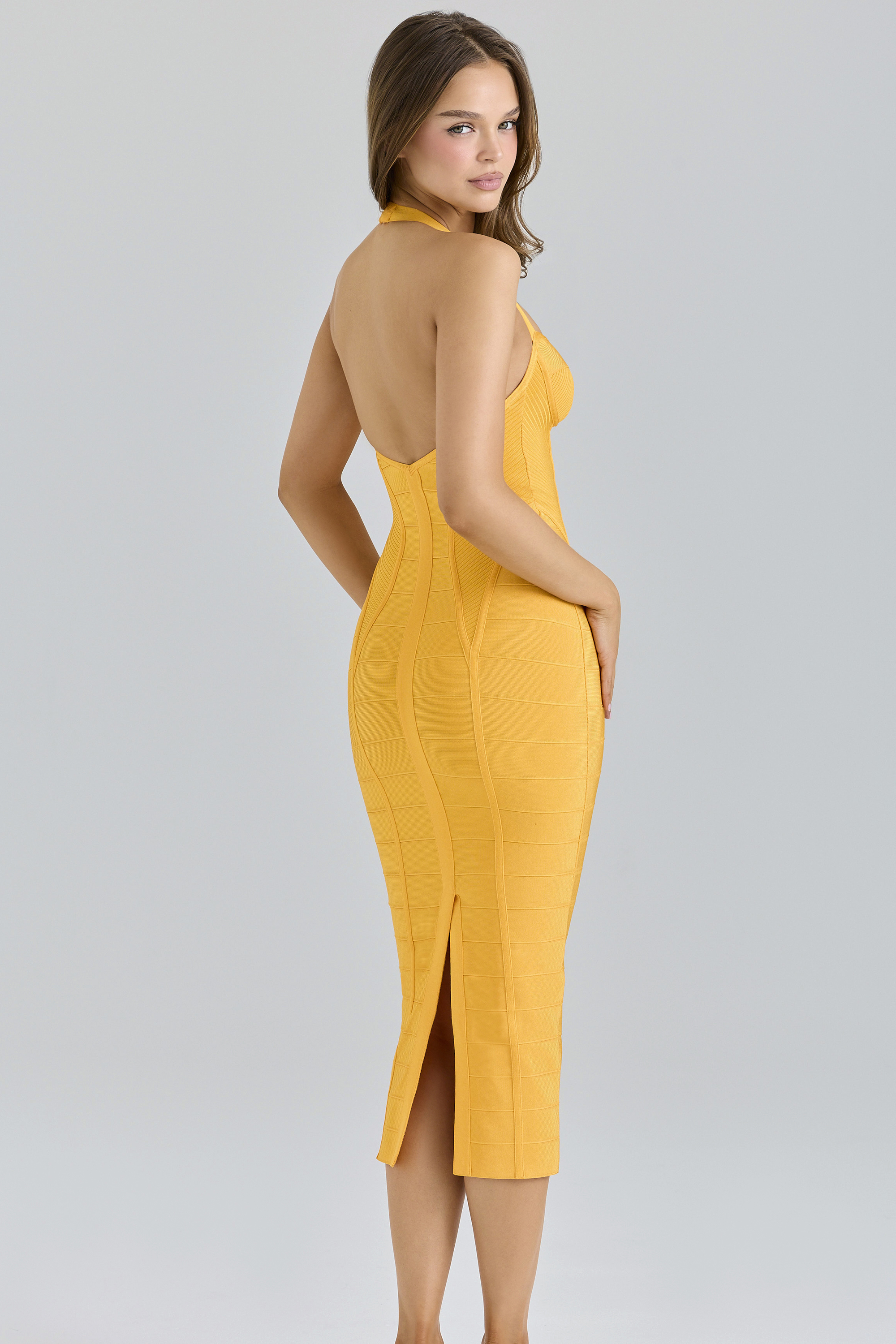 The Sculpt Orange Sherbet Midi Bandage Dress