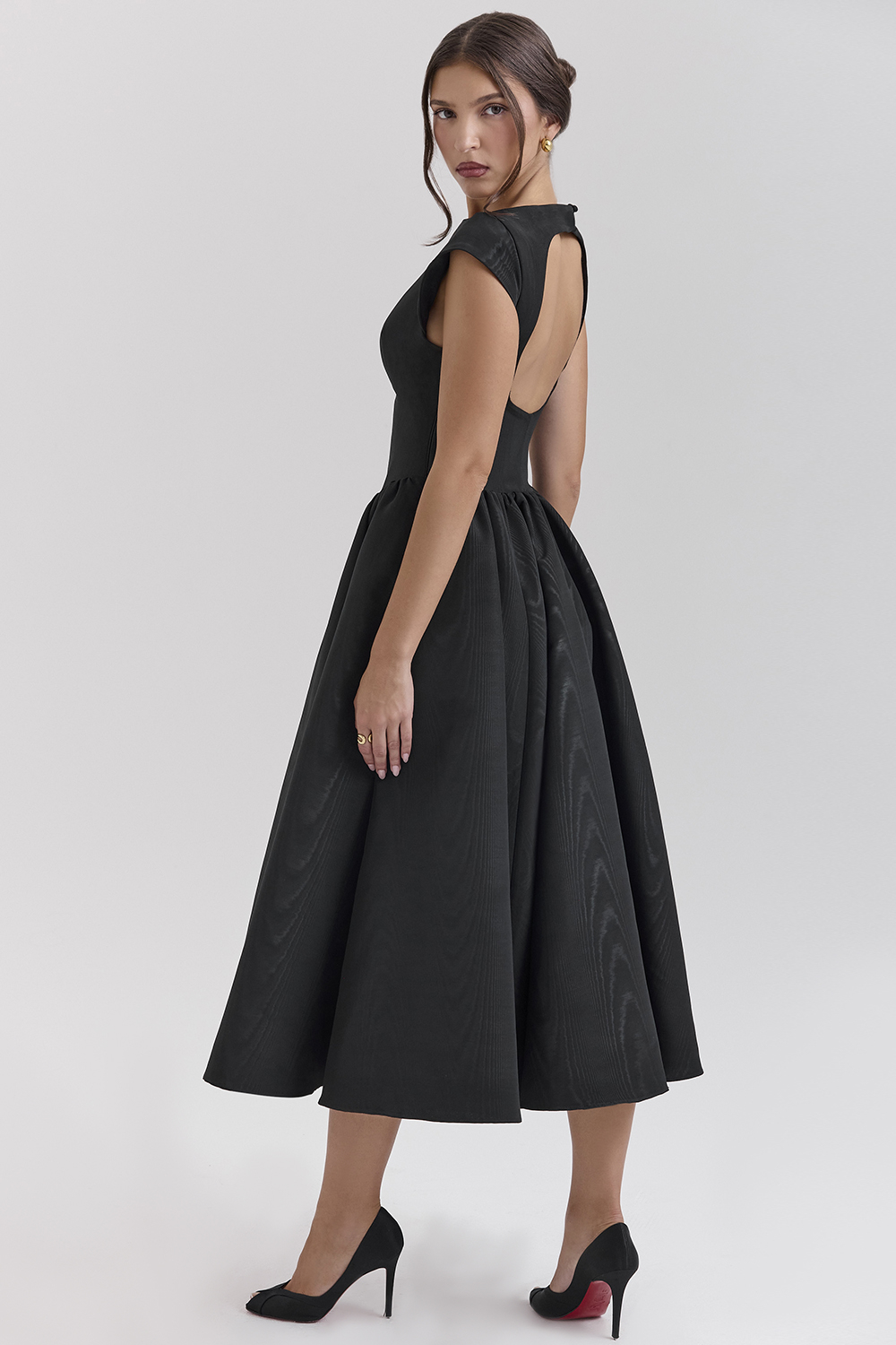 Debutante Black Moire Satin Backless Midi Dress
