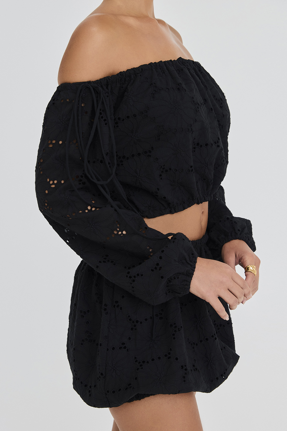 Mistress Rocks Black Broderie Cotton Off Shoulder Top - SALE