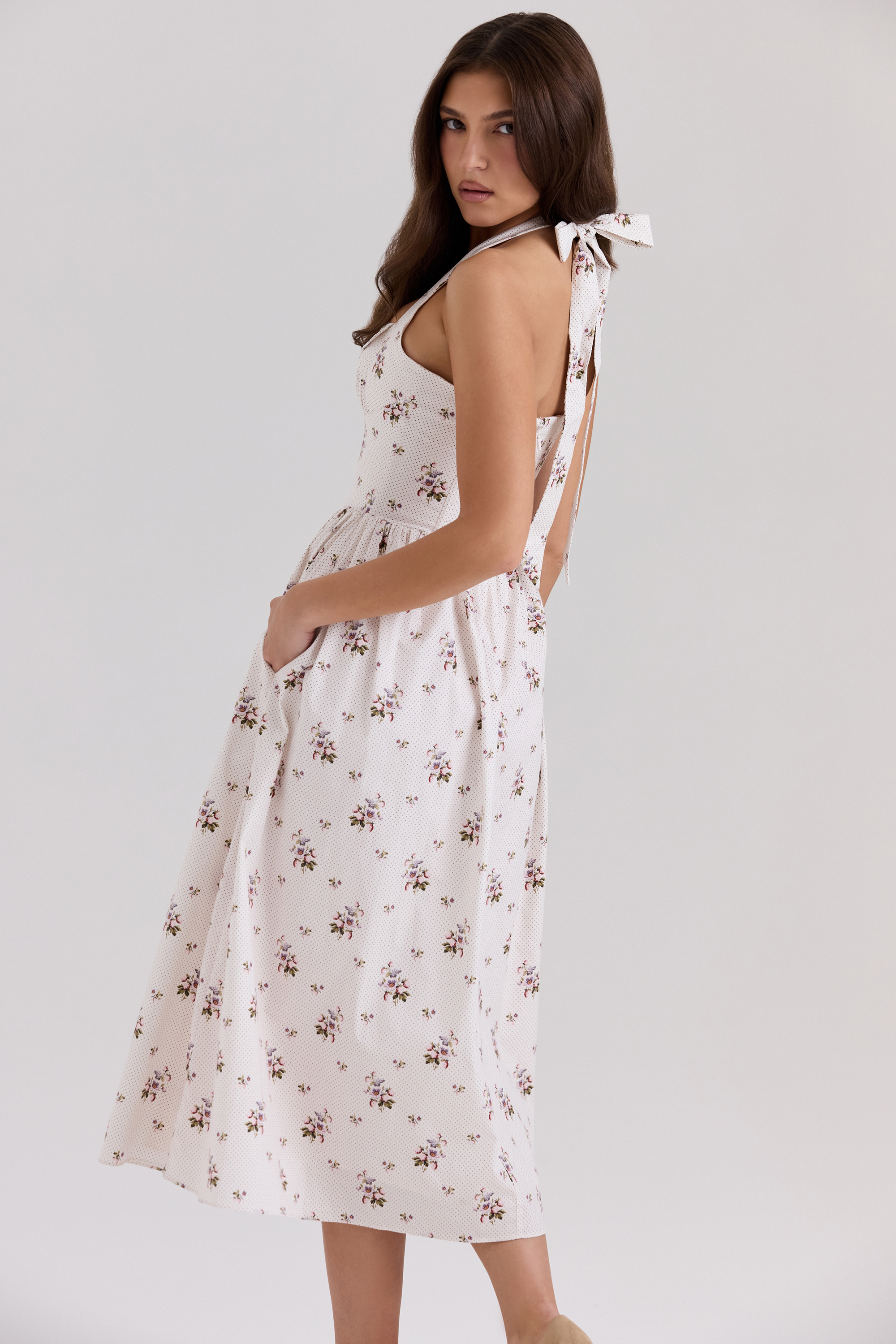 Emilia Cream Floral Print Stretch Cotton Halter Neck Midi Dress