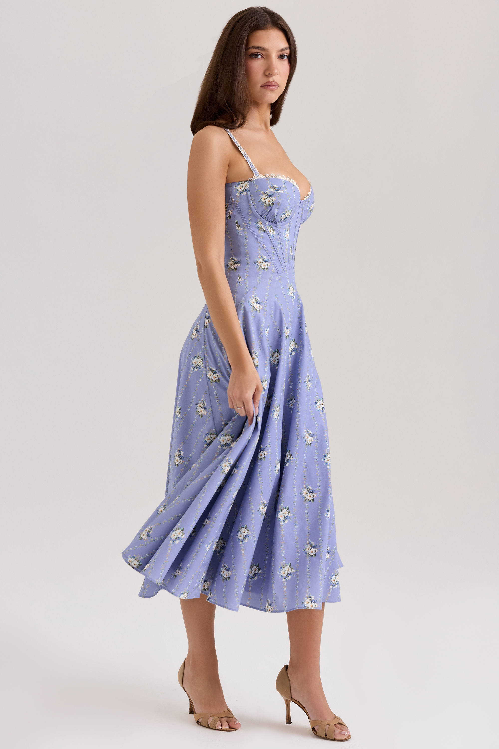 Steffani Blue Daisy Print Stretch Cotton Midi Sundress