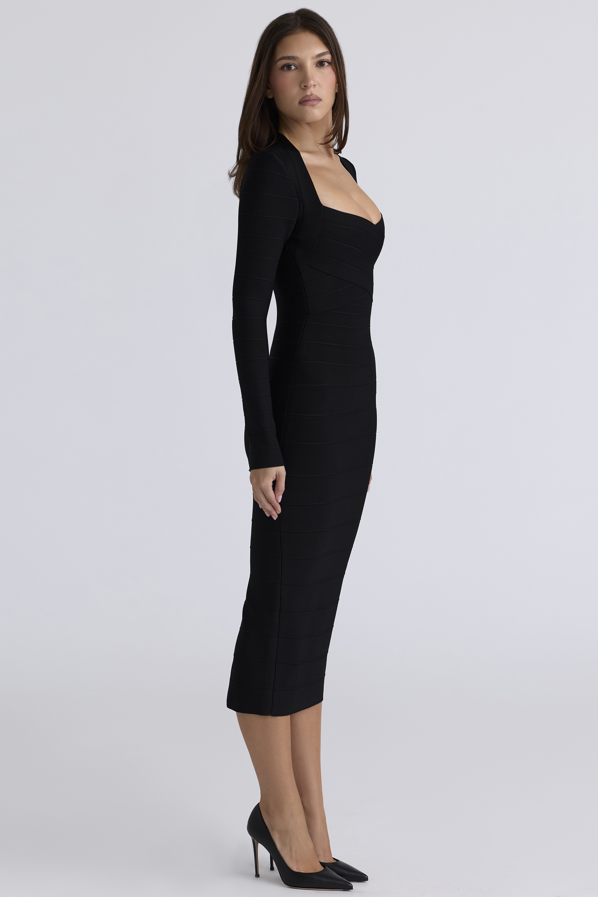 The Naomi Black Long Sleeve Bandage Midi Dress