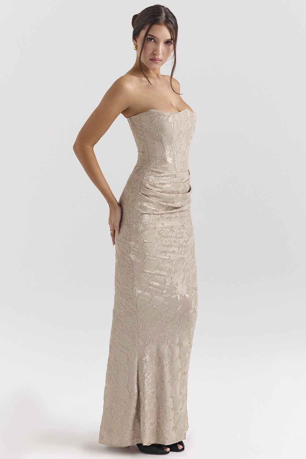 Persephone Pale Gold Chiffon Mesh Strapless Corset Maxi Dress