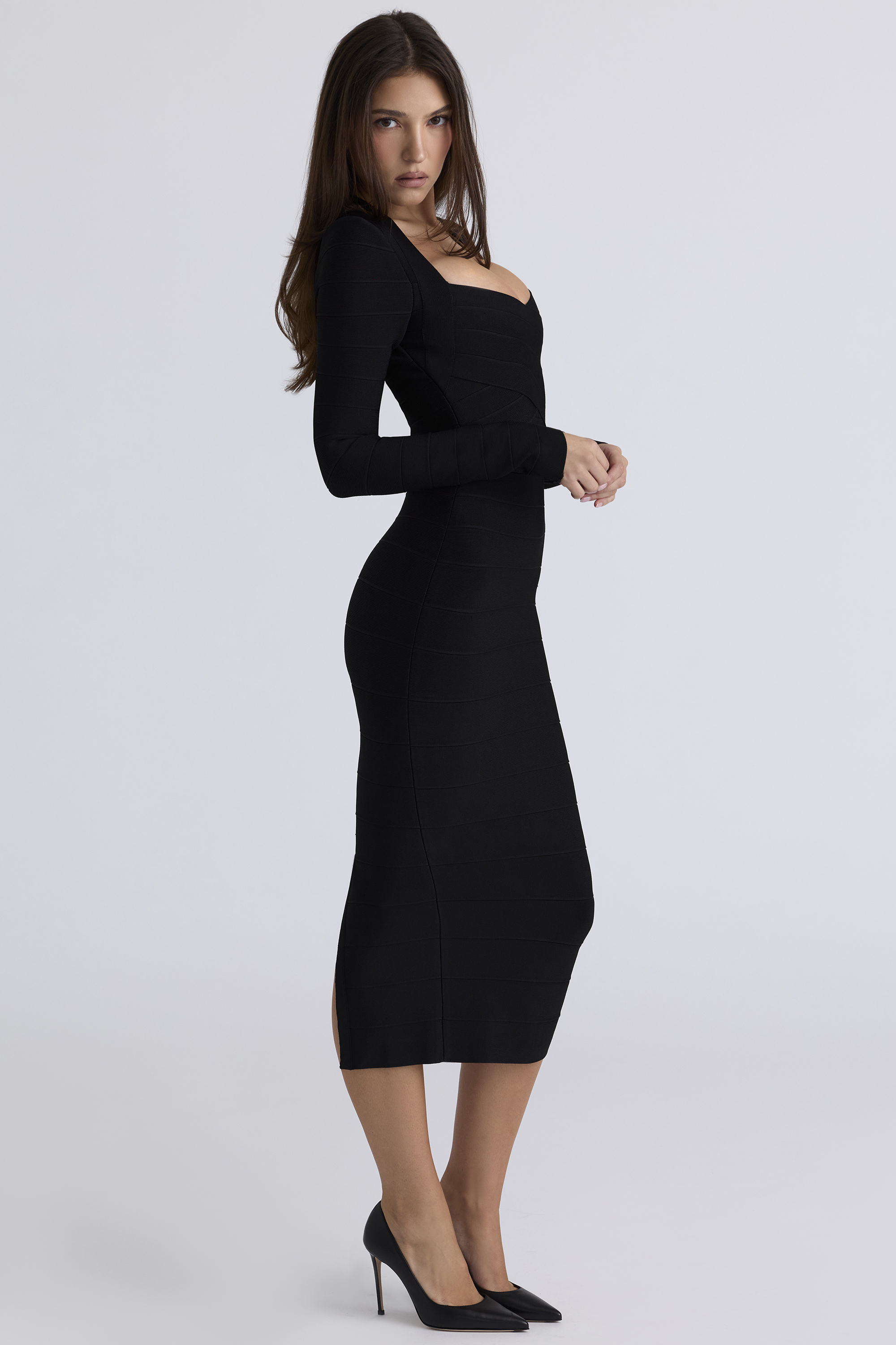 The Naomi Black Long Sleeve Bandage Midi Dress