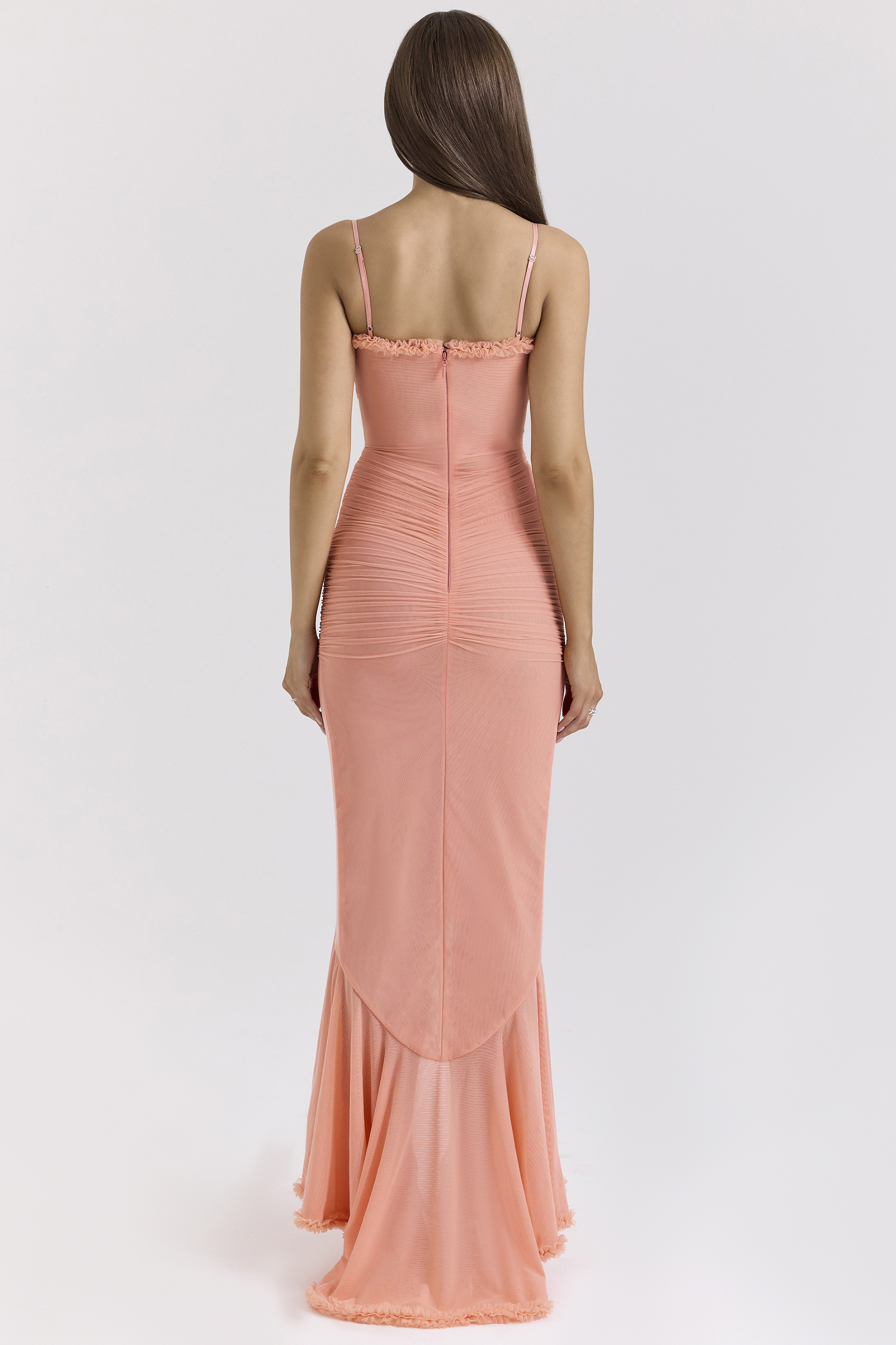 Gabbi Peach Mesh Ruffled Front Gown