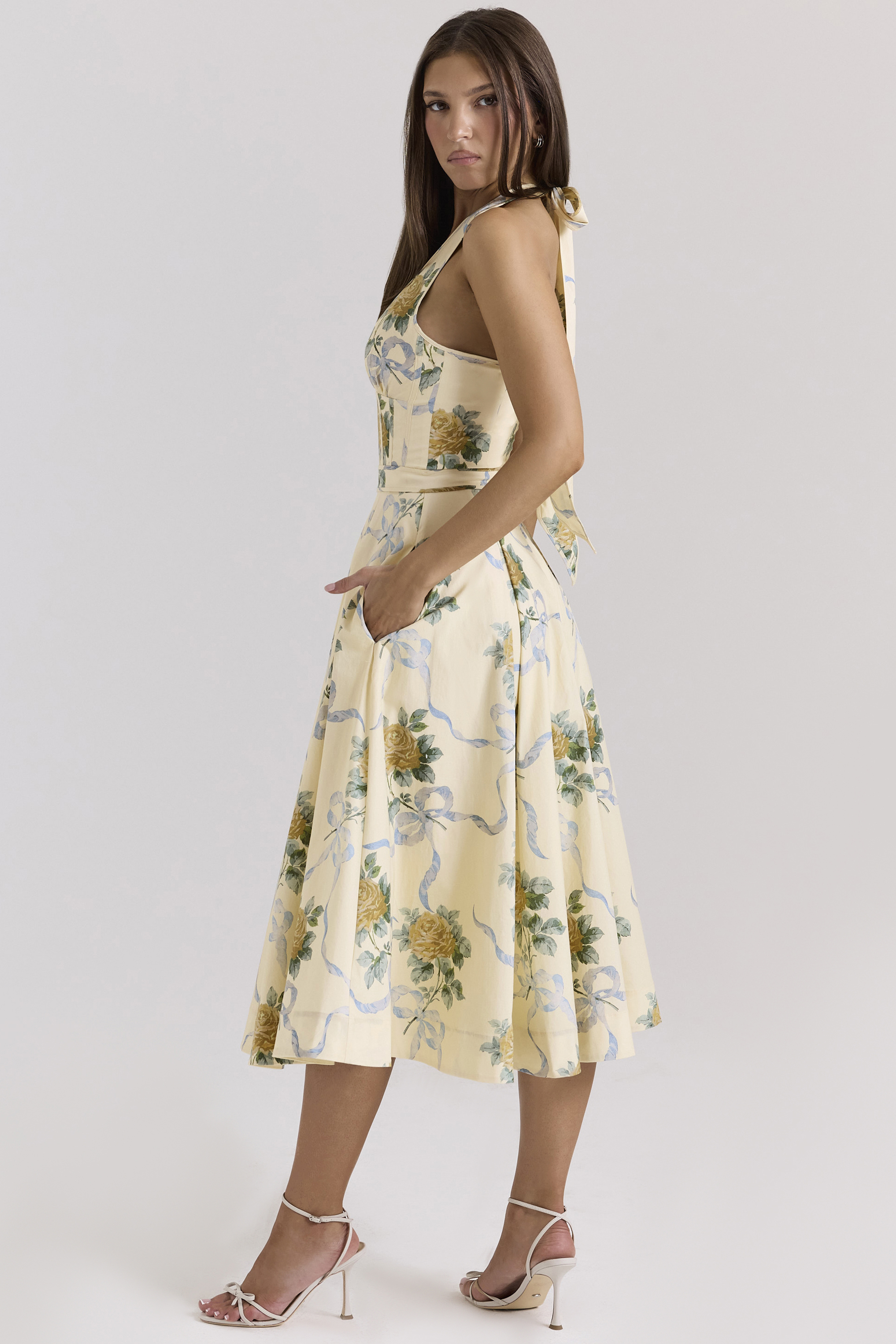 Allena Lemon Ribbon Stretch Cotton Halter Midi Sundress